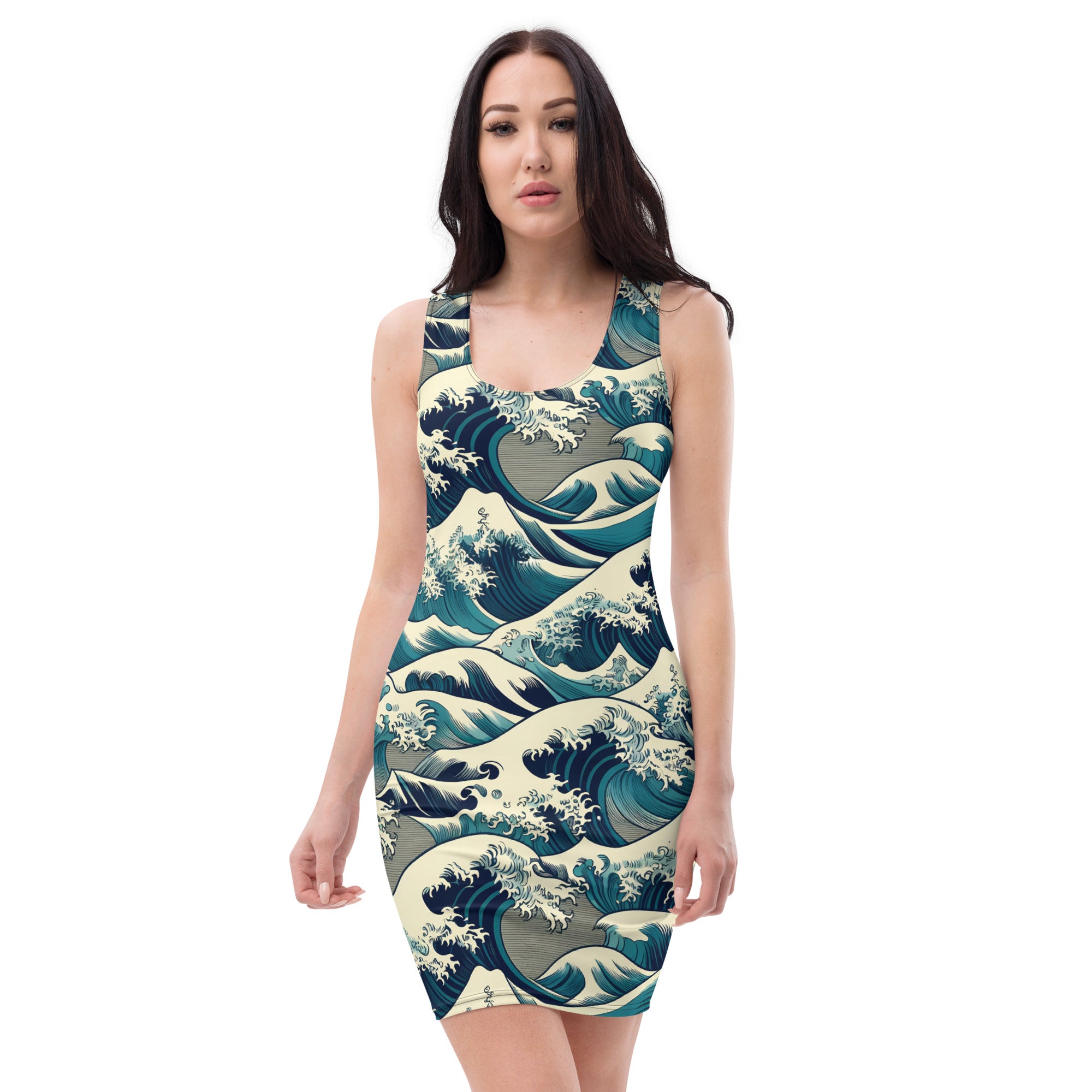 Hokusai 'The Great Wave off Kanagawa' beroemde schilderij bodycon-jurk | Premium kunstjurk