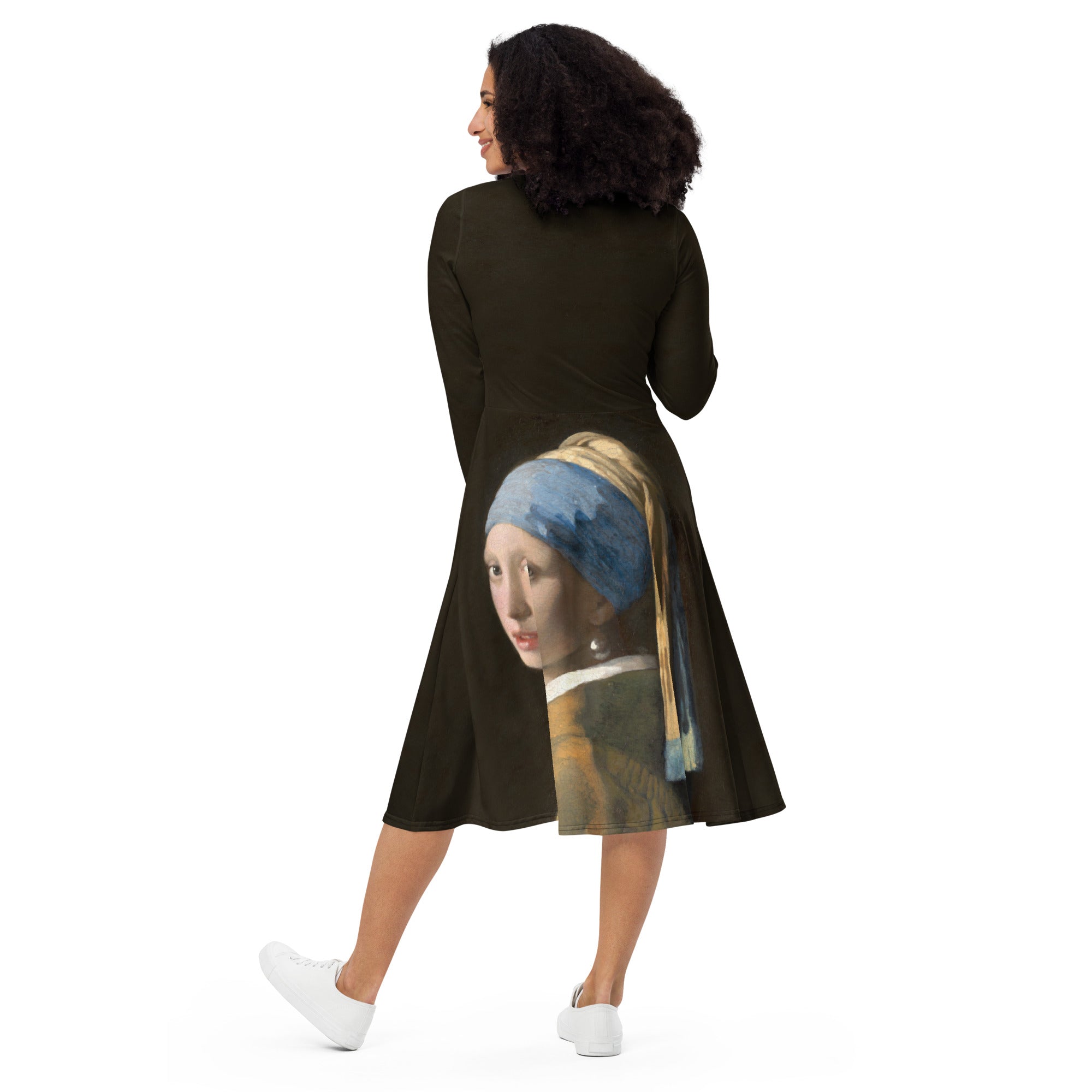 Johannes Vermeer 'Girl with a Pearl Earring' Famous Painting Long Sleeve Midi Dress | Premium Art Midi Dress