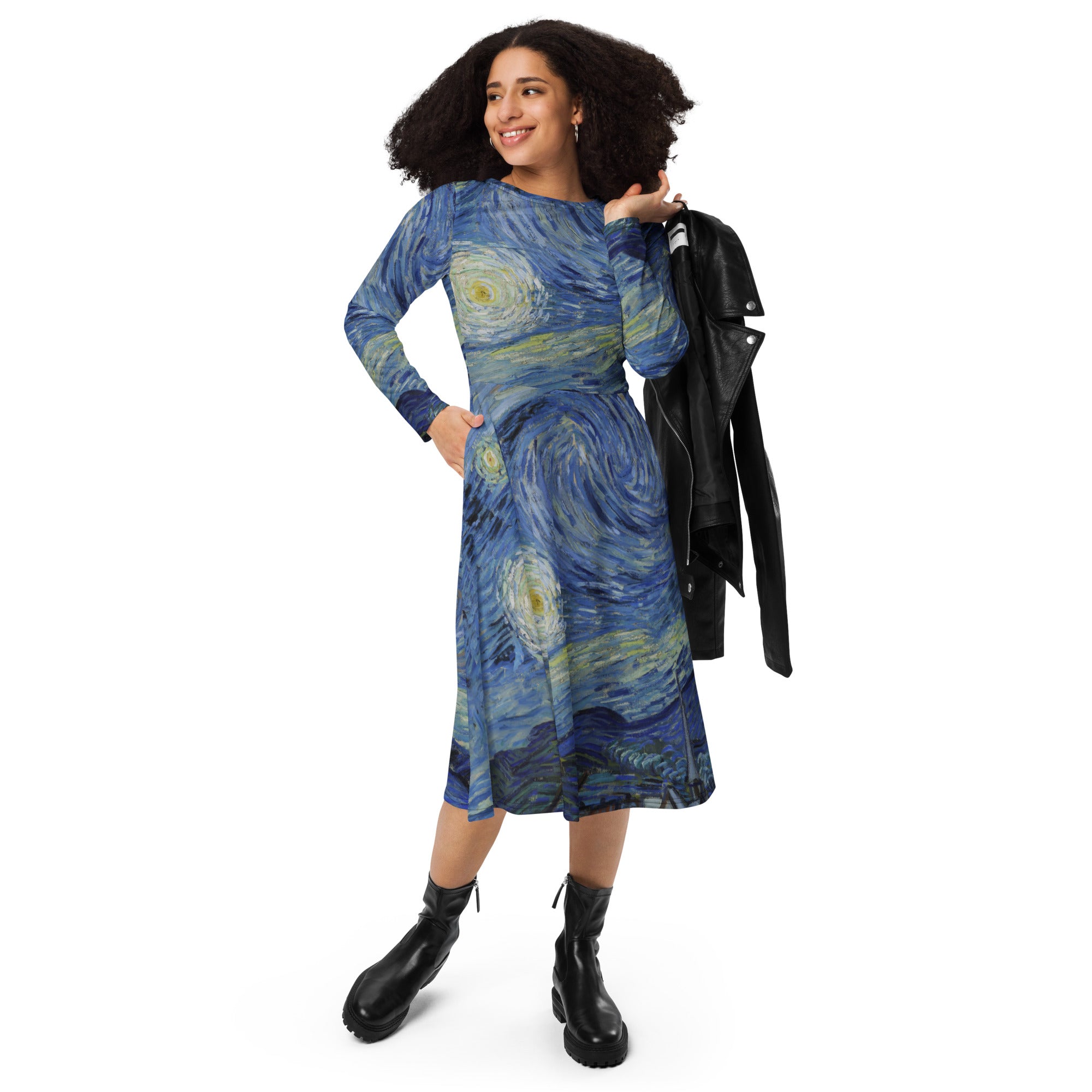 Vincent van Gogh „Sternennacht“, berühmtes Gemälde, langärmliges Midikleid | Premium-Kunst-Midikleid