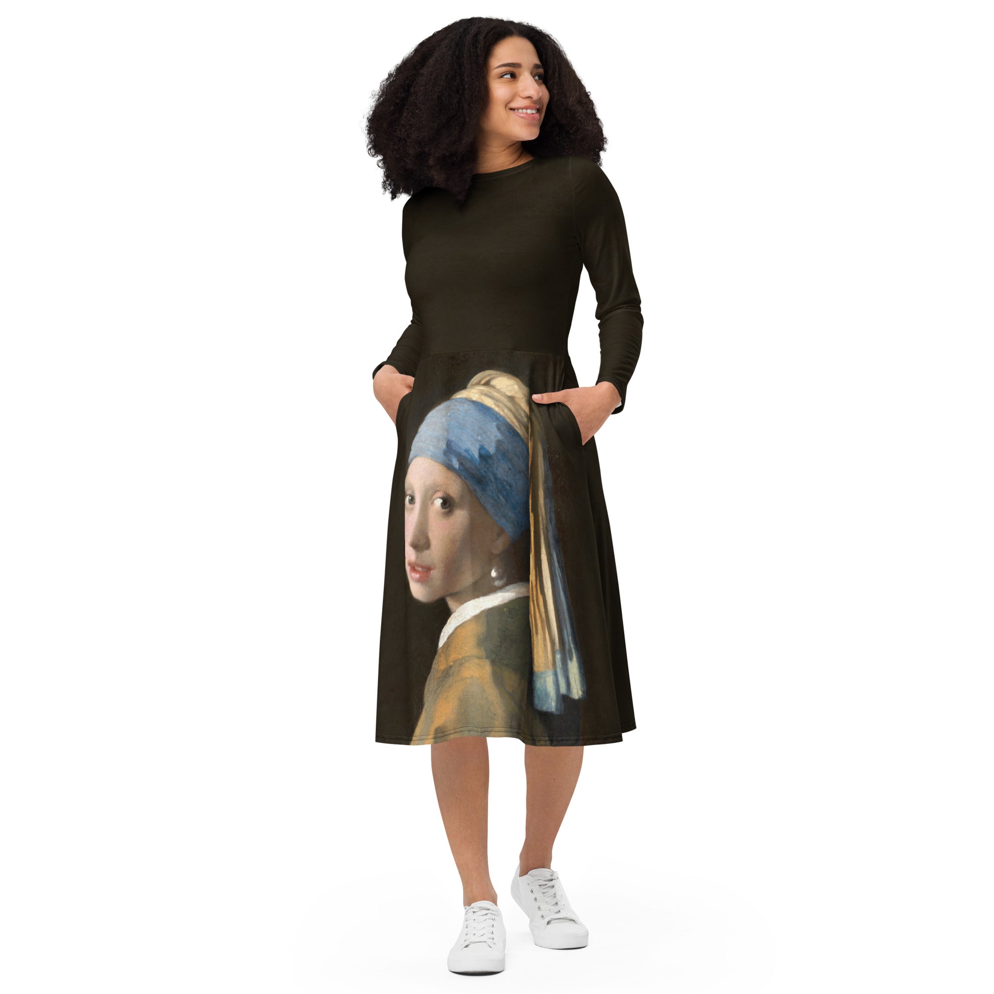 Johannes Vermeer 'Girl with a Pearl Earring' Famous Painting Long Sleeve Midi Dress | Premium Art Midi Dress