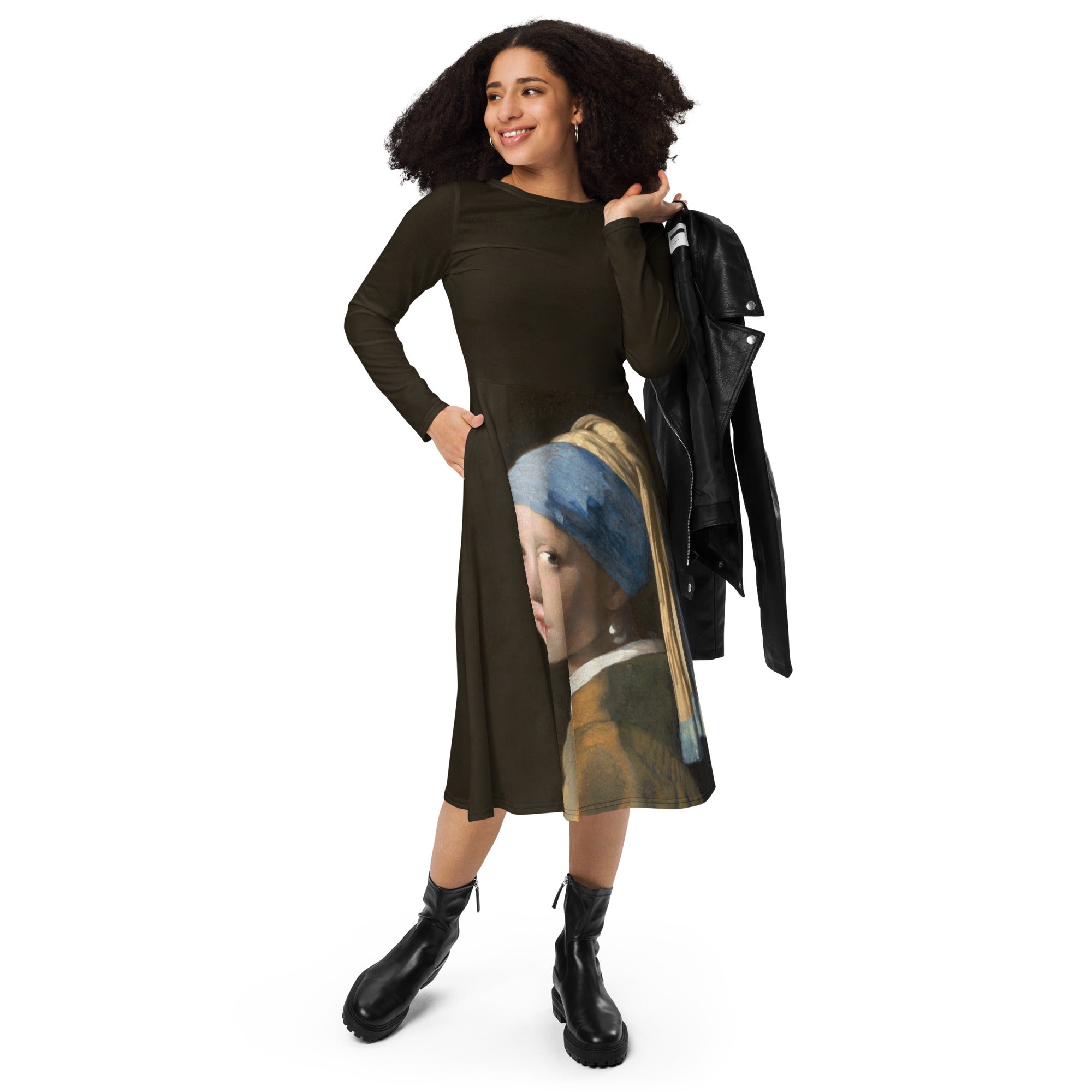 Johannes Vermeer 'Girl with a Pearl Earring' Famous Painting Long Sleeve Midi Dress | Premium Art Midi Dress