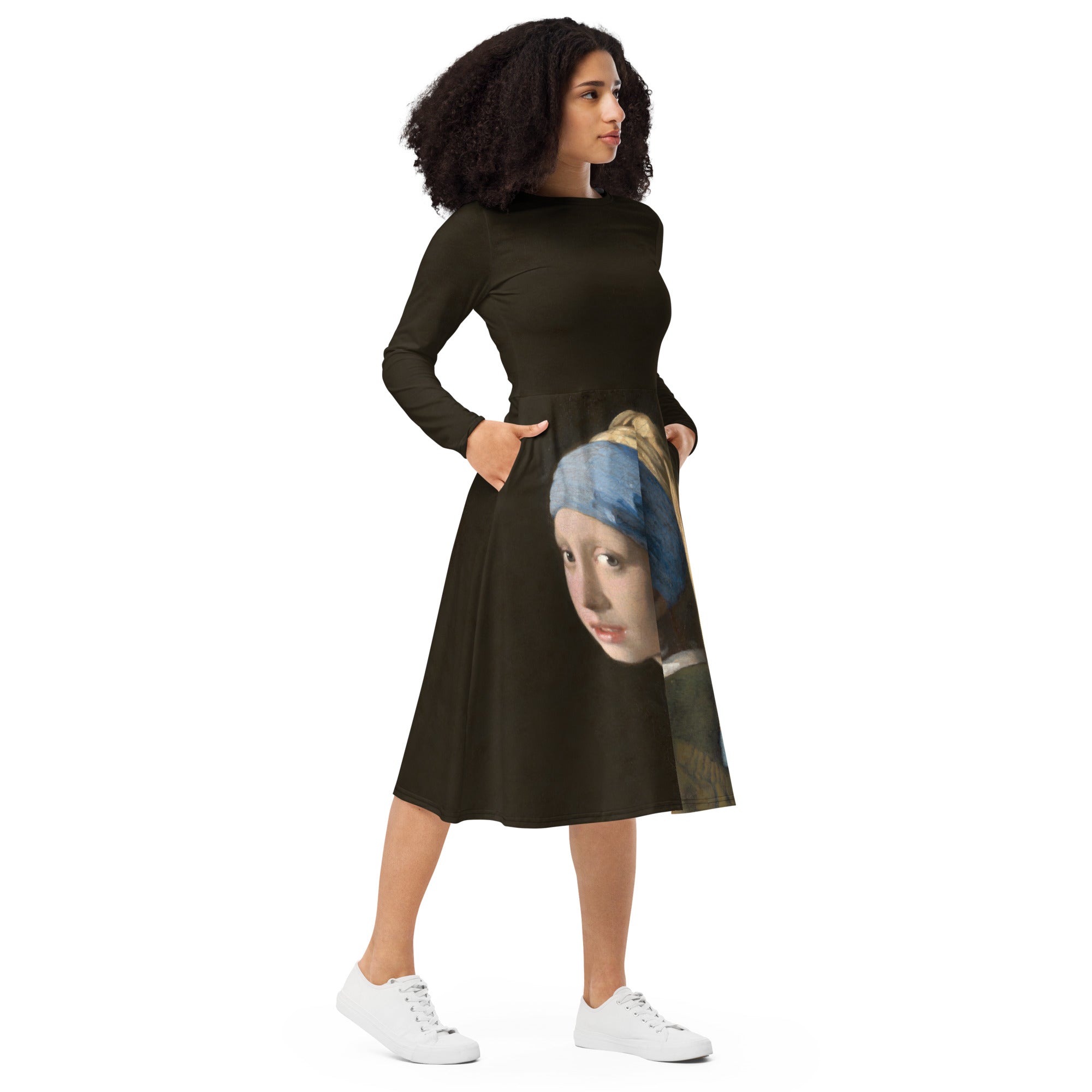 Johannes Vermeer 'Girl with a Pearl Earring' Famous Painting Long Sleeve Midi Dress | Premium Art Midi Dress
