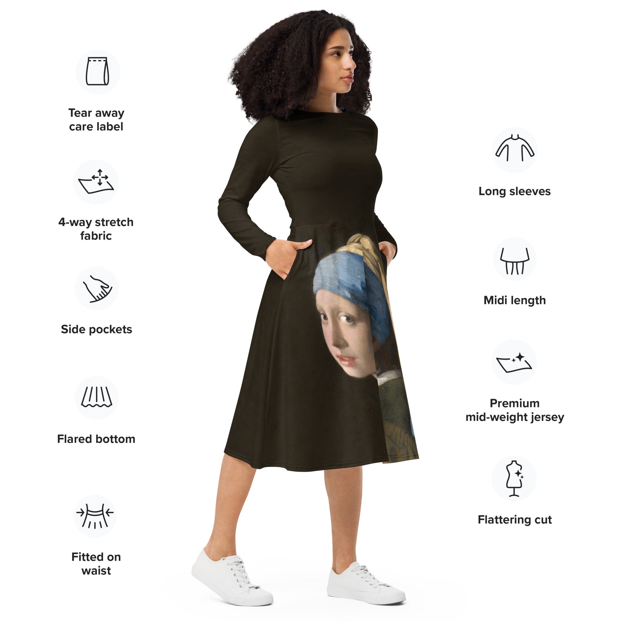 Johannes Vermeer 'Girl with a Pearl Earring' Famous Painting Long Sleeve Midi Dress | Premium Art Midi Dress