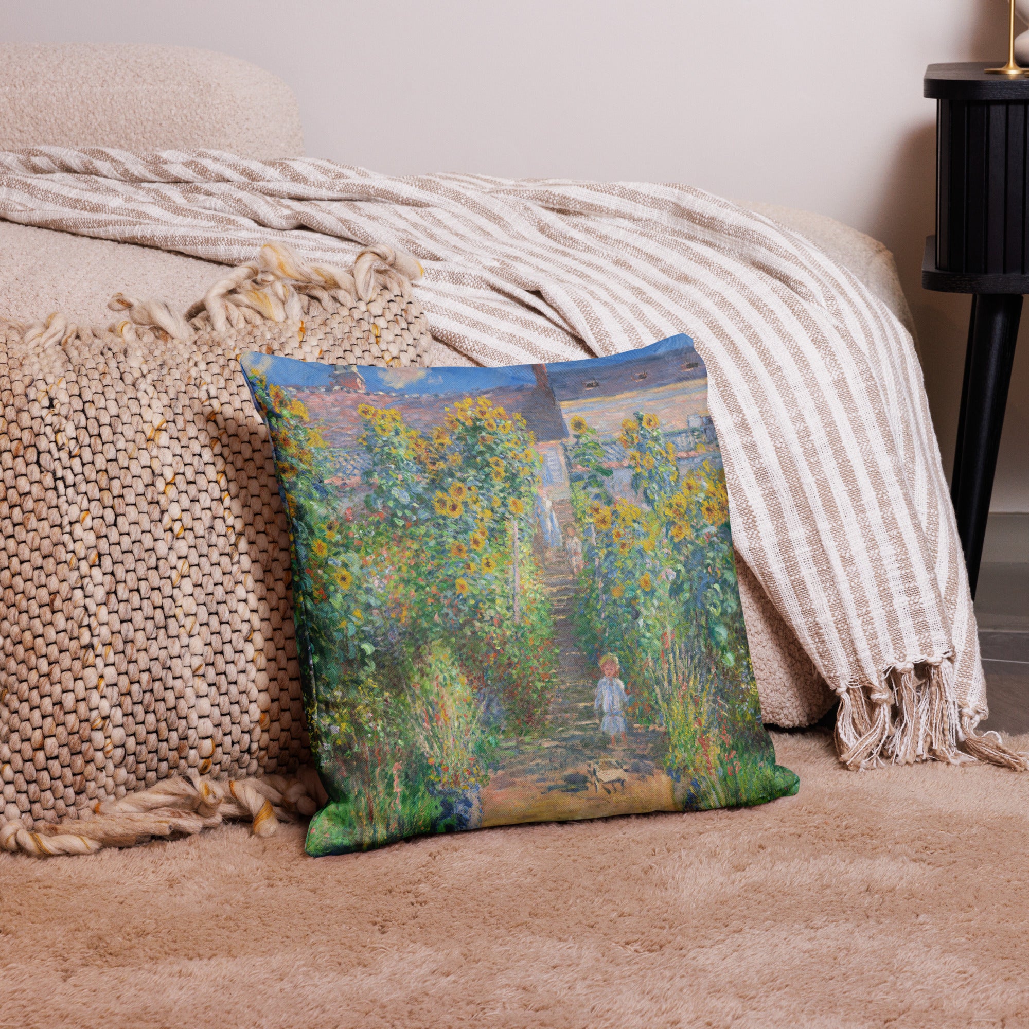 Claude Monet 'The Artist's Garden at Vétheuil' Famous Painting Premium Pillow | Premium Art Cushion
