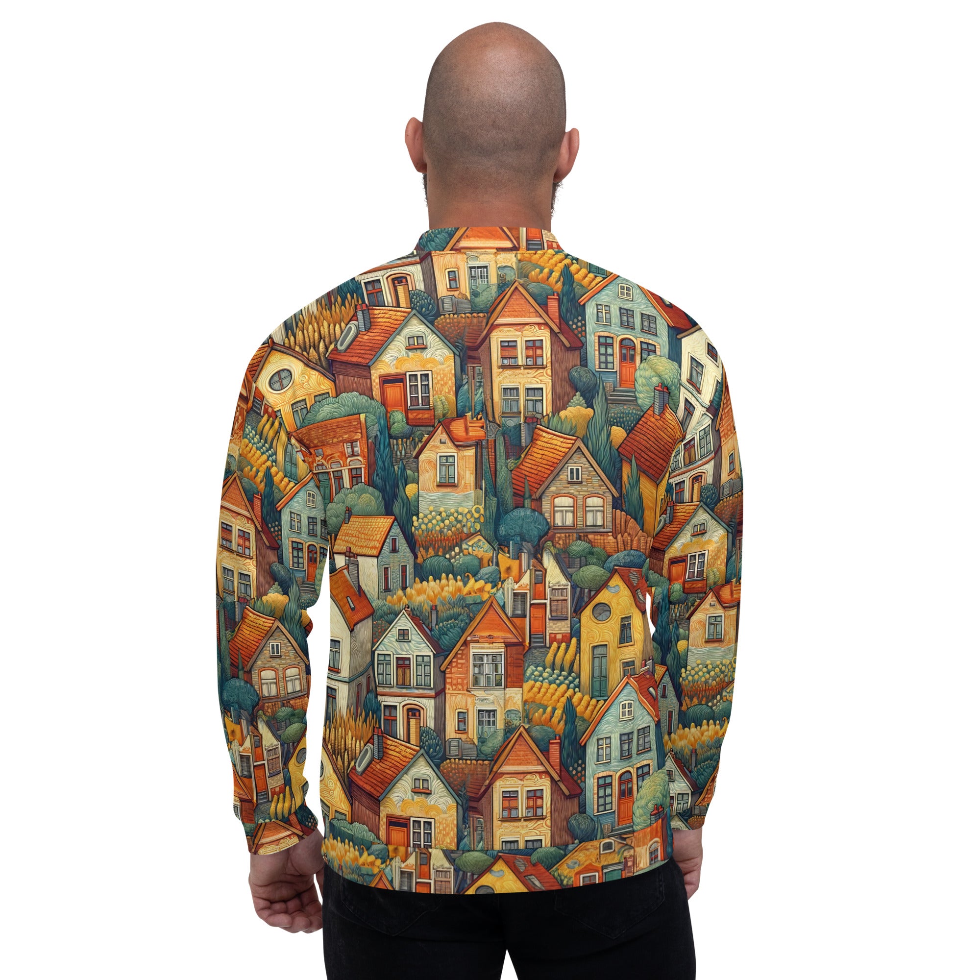 Vincent van Gogh 'Huizen in Auvers' Beroemd schilderij Bomberjack | Allover print unisex kunstbommenwerperjack