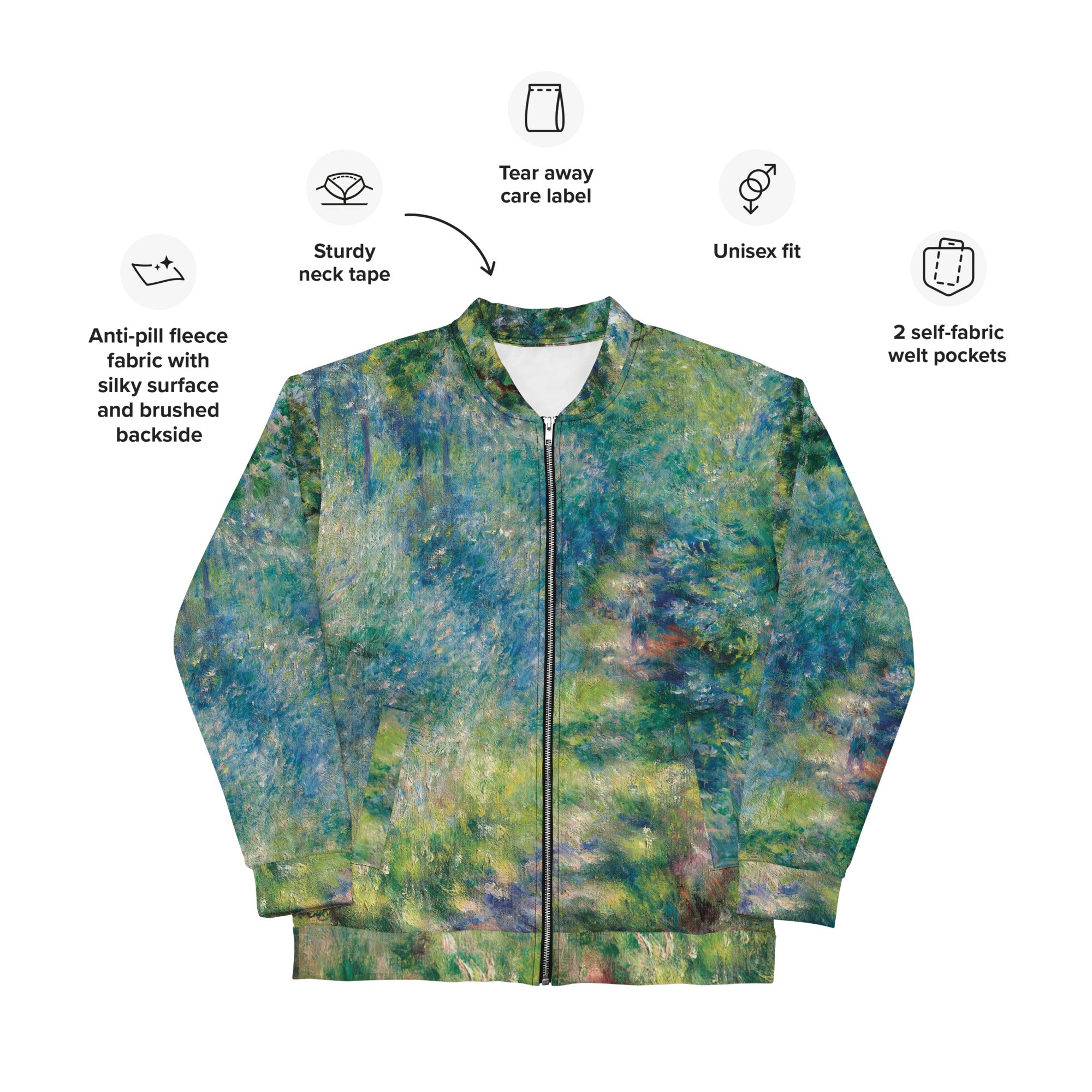 Pierre-Auguste Renoir 'Pad in het bos' Beroemd schilderij Bomberjack | Allover print unisex kunstbommenwerperjack