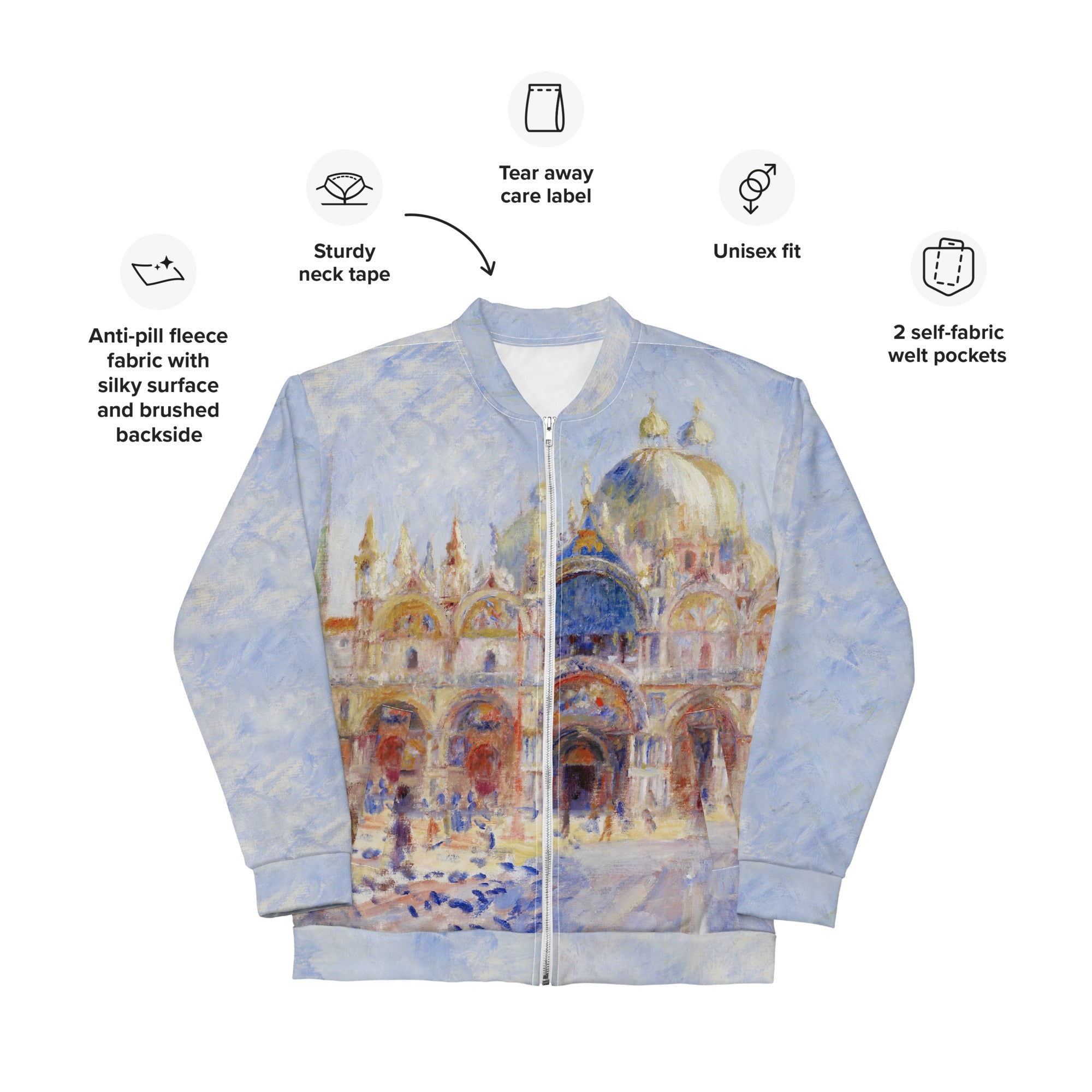Pierre-Auguste Renoir 'Het Piazza San Marco, Venetië' Beroemd schilderij Bomberjack | Allover print unisex kunstbommenwerperjack