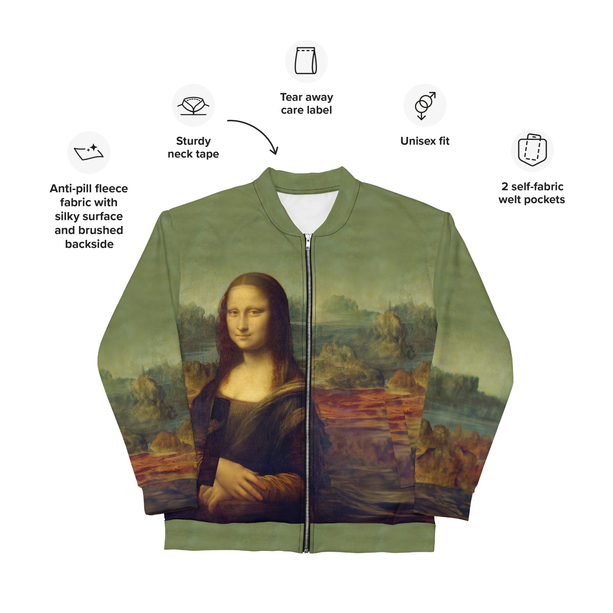 Leonardo da Vinci 'Mona Lisa' Beroemd schilderij Bomberjack | Allover print unisex kunstbommenwerperjack