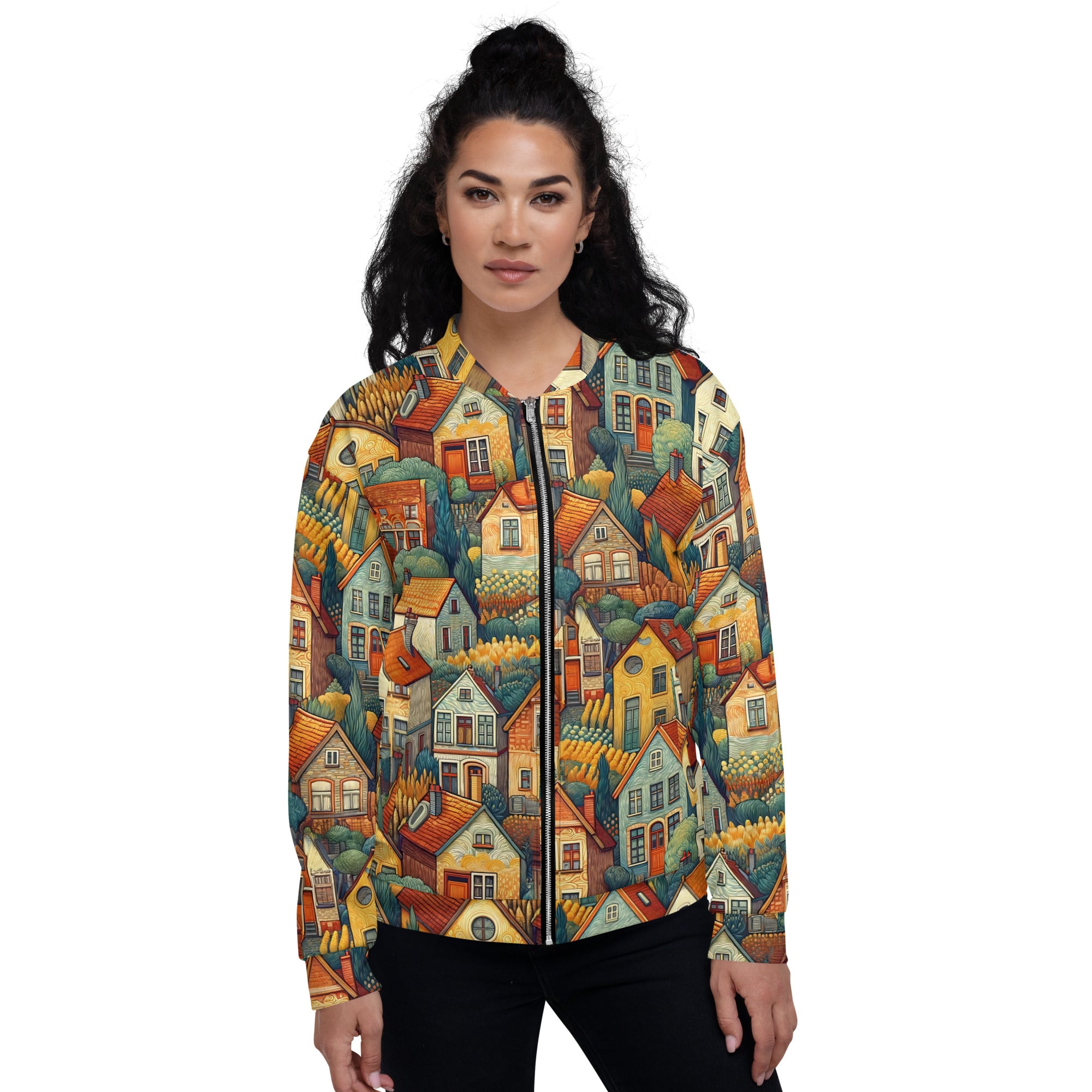 Vincent van Gogh 'Huizen in Auvers' Beroemd schilderij Bomberjack | Allover print unisex kunstbommenwerperjack