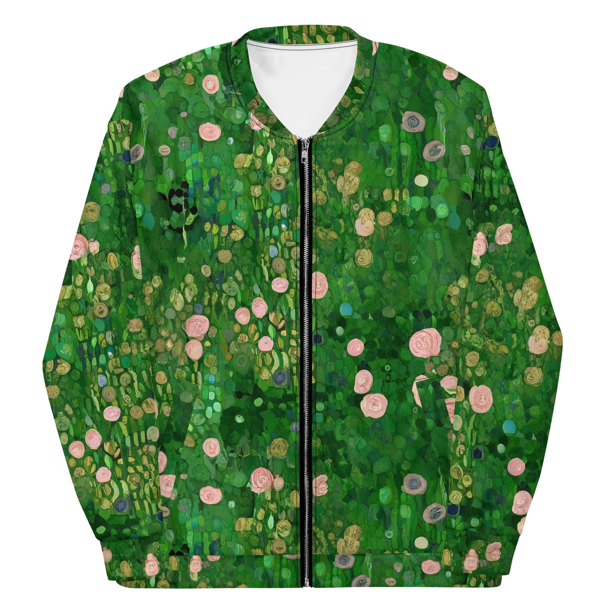 Gustav Klimt 'Rozenstruiken onder de bomen' Beroemd schilderij Bomberjack | Allover print unisex kunstbommenwerperjack