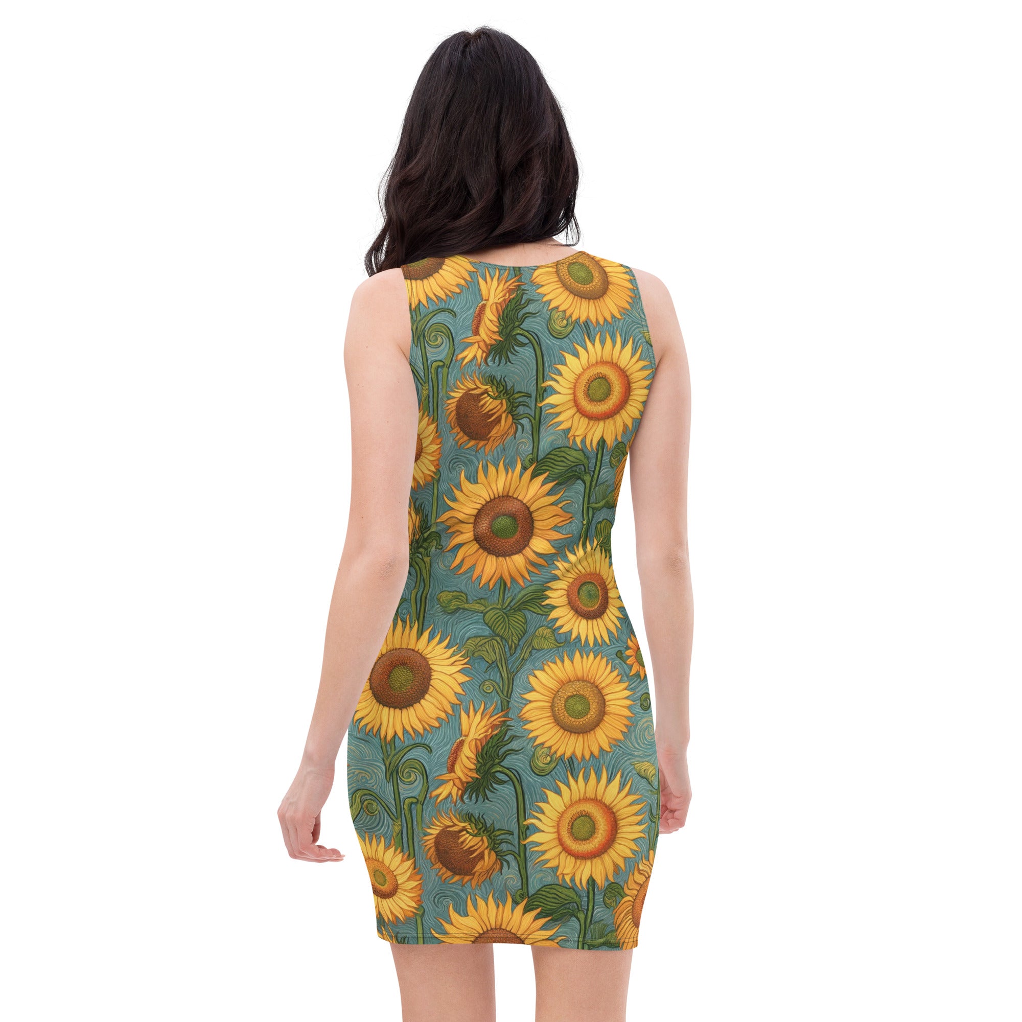 Figurbetontes Kleid „Sonnenblumen“ von Vincent van Gogh, berühmtes Gemälde | Hochwertiges Kunstkleid