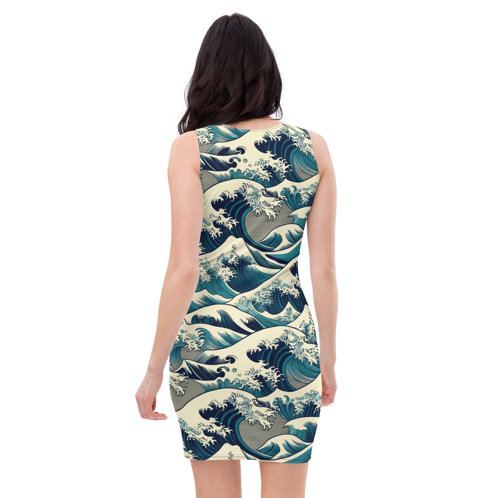 Figurbetontes Kleid „Die große Welle vor Kanagawa“ von Hokusai, berühmtes Gemälde | Hochwertiges Kunstkleid