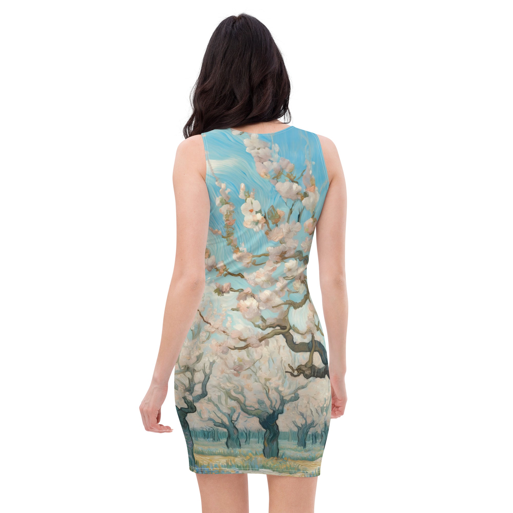 Figurbetontes Kleid „Blühender Obstgarten“ von Vincent van Gogh, berühmtes Gemälde | Hochwertiges Kunstkleid