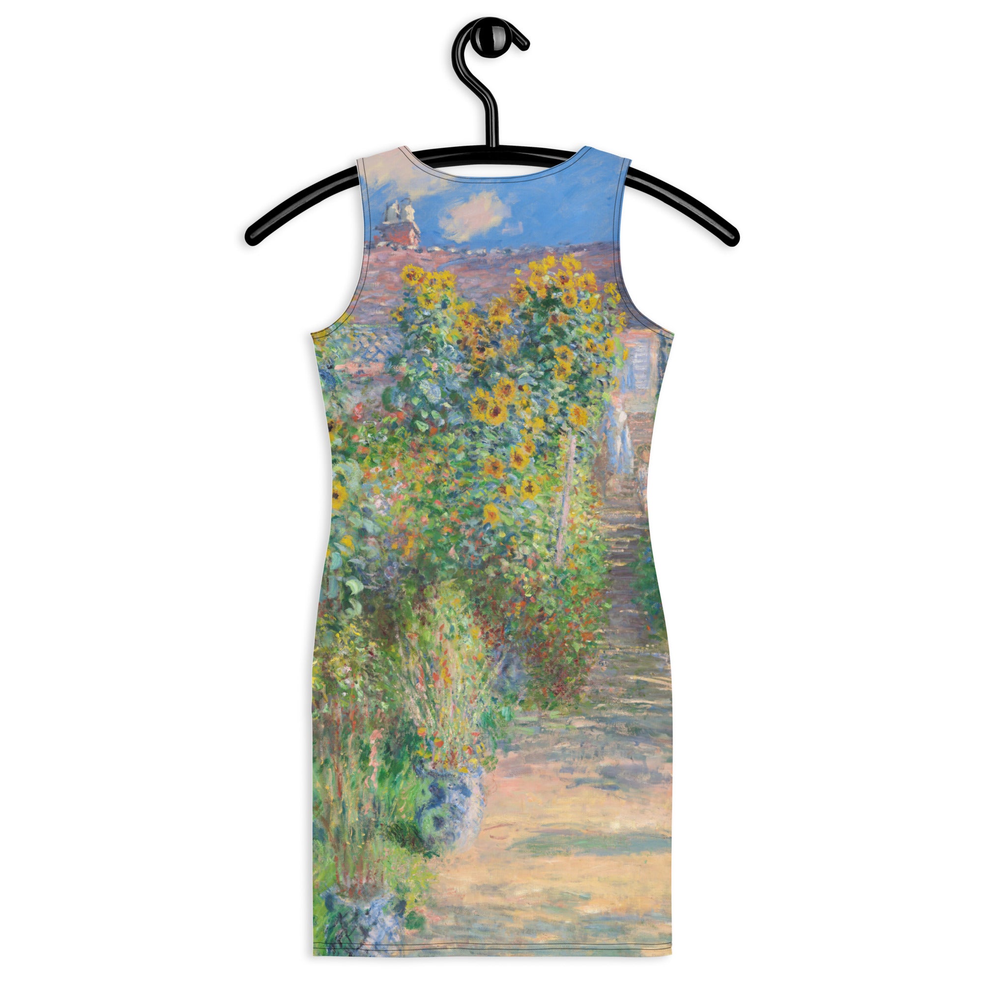 Claude Monet „Der Garten des Künstlers in Vétheuil“, berühmtes Gemälde, figurbetontes Kleid | Hochwertiges Kunstkleid