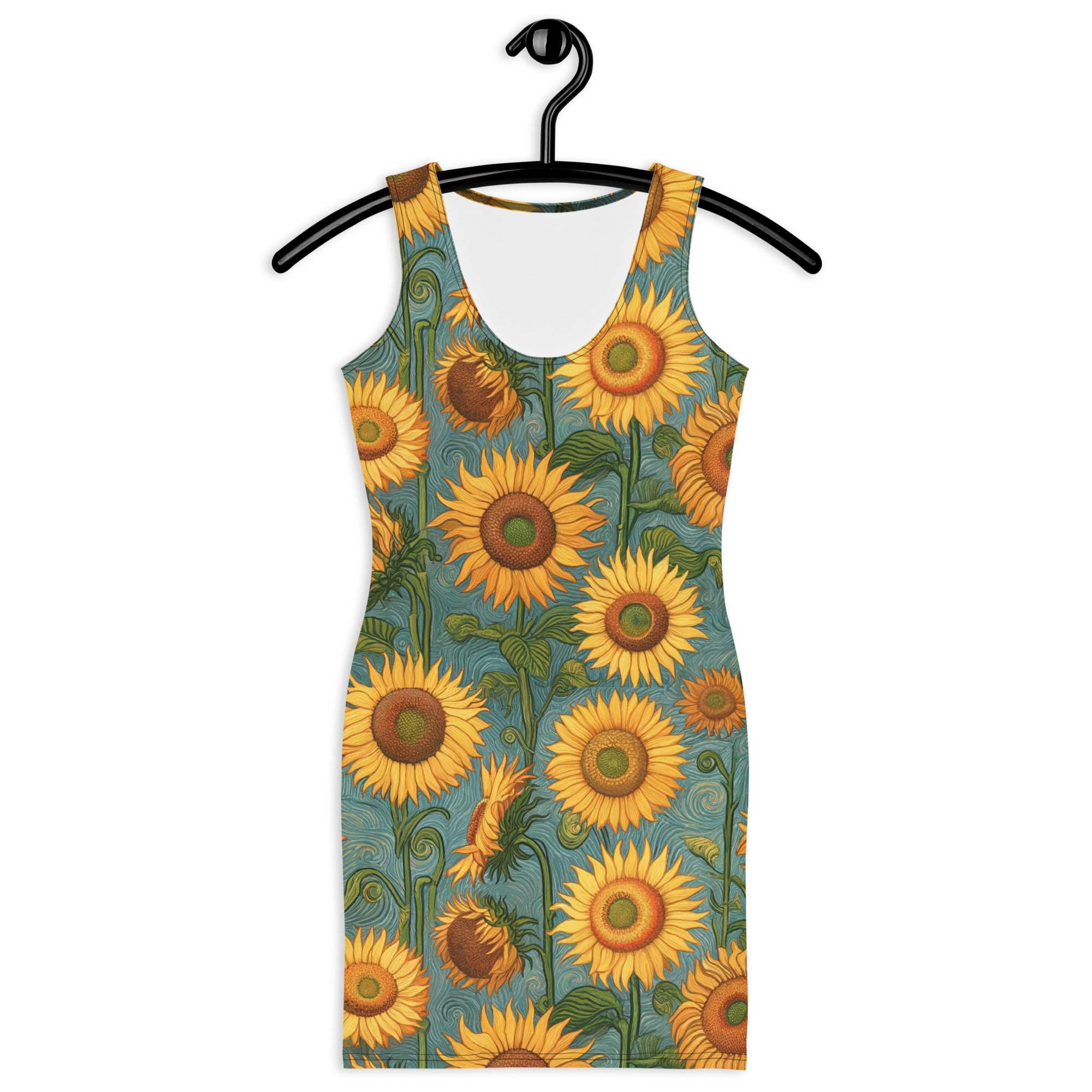 Figurbetontes Kleid „Sonnenblumen“ von Vincent van Gogh, berühmtes Gemälde | Hochwertiges Kunstkleid
