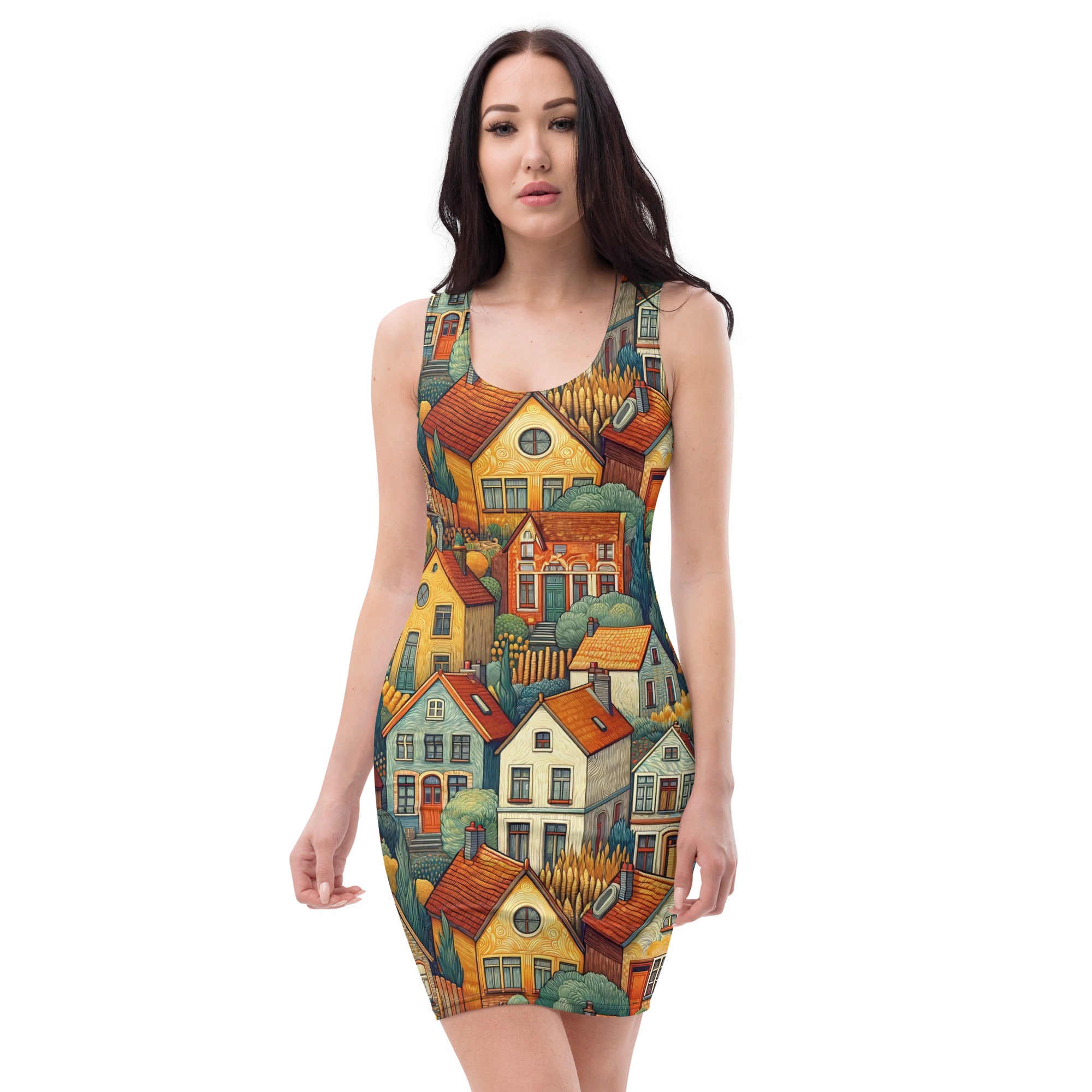Figurbetontes Kleid „Häuser bei Auvers“ von Vincent van Gogh, berühmtes Gemälde | Hochwertiges Kunstkleid