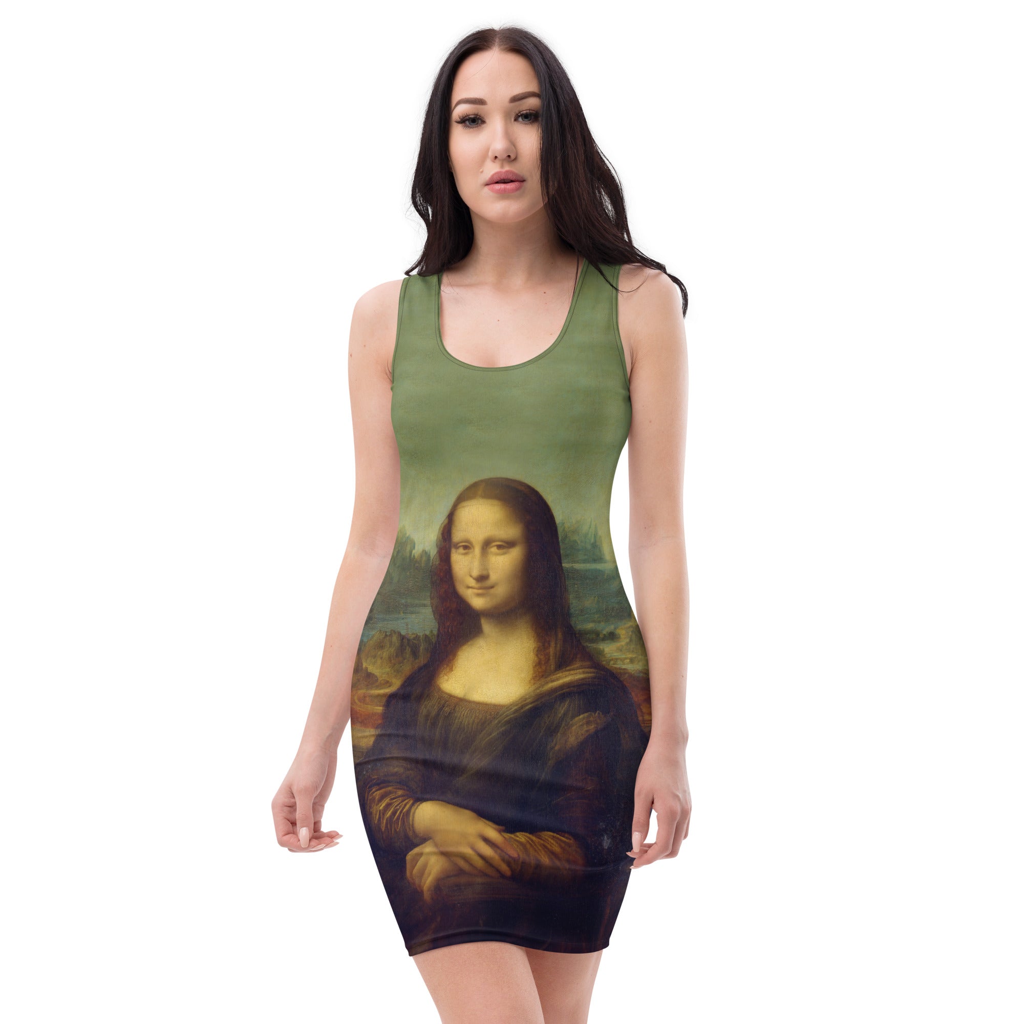 Figurbetontes Kleid mit berühmtem Gemälde „Mona Lisa“ von Leonardo da Vinci | Hochwertiges Kunstkleid