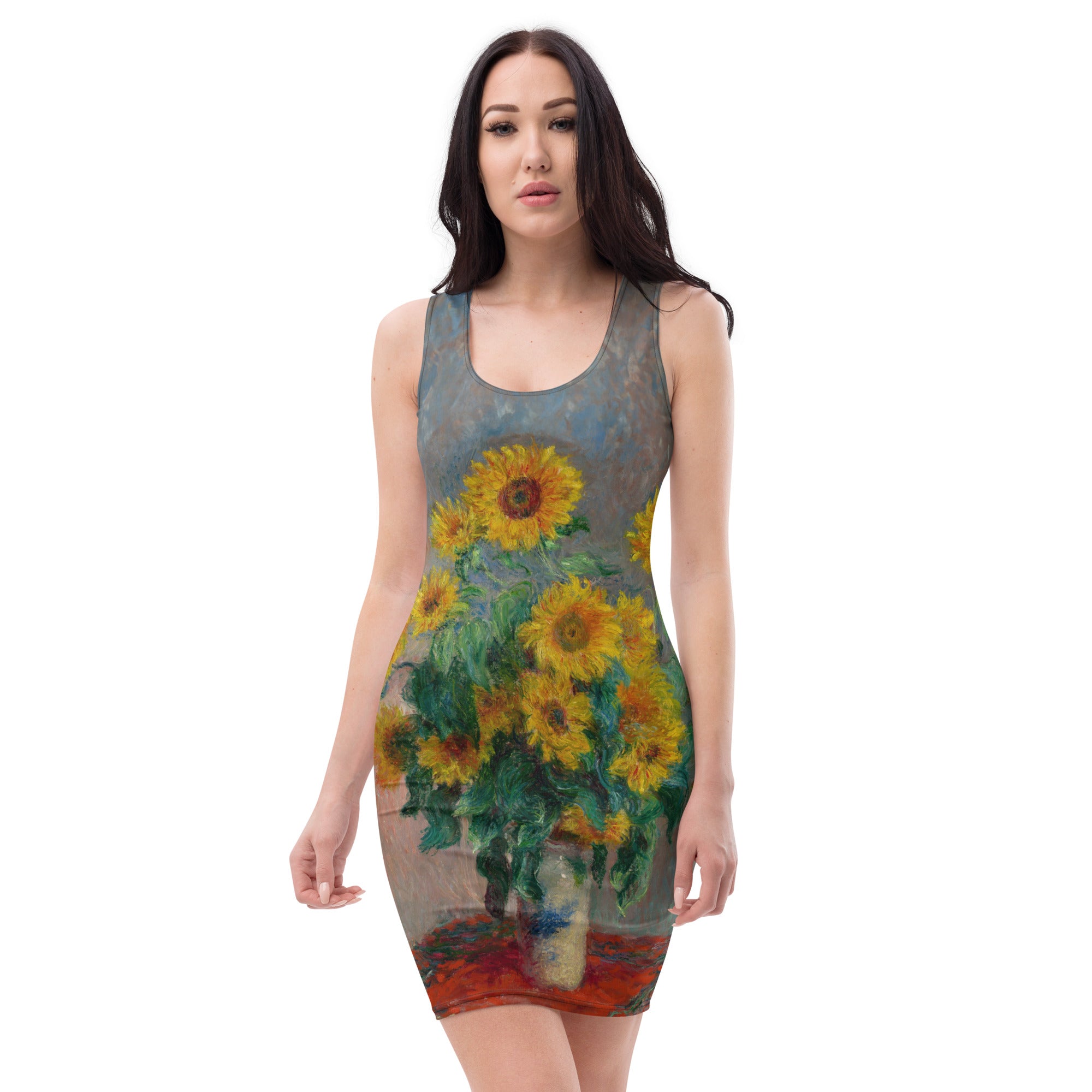 Claude Monet „Strauß Sonnenblumen“ Berühmtes Gemälde Figurbetontes Kleid | Hochwertiges Kunstkleid