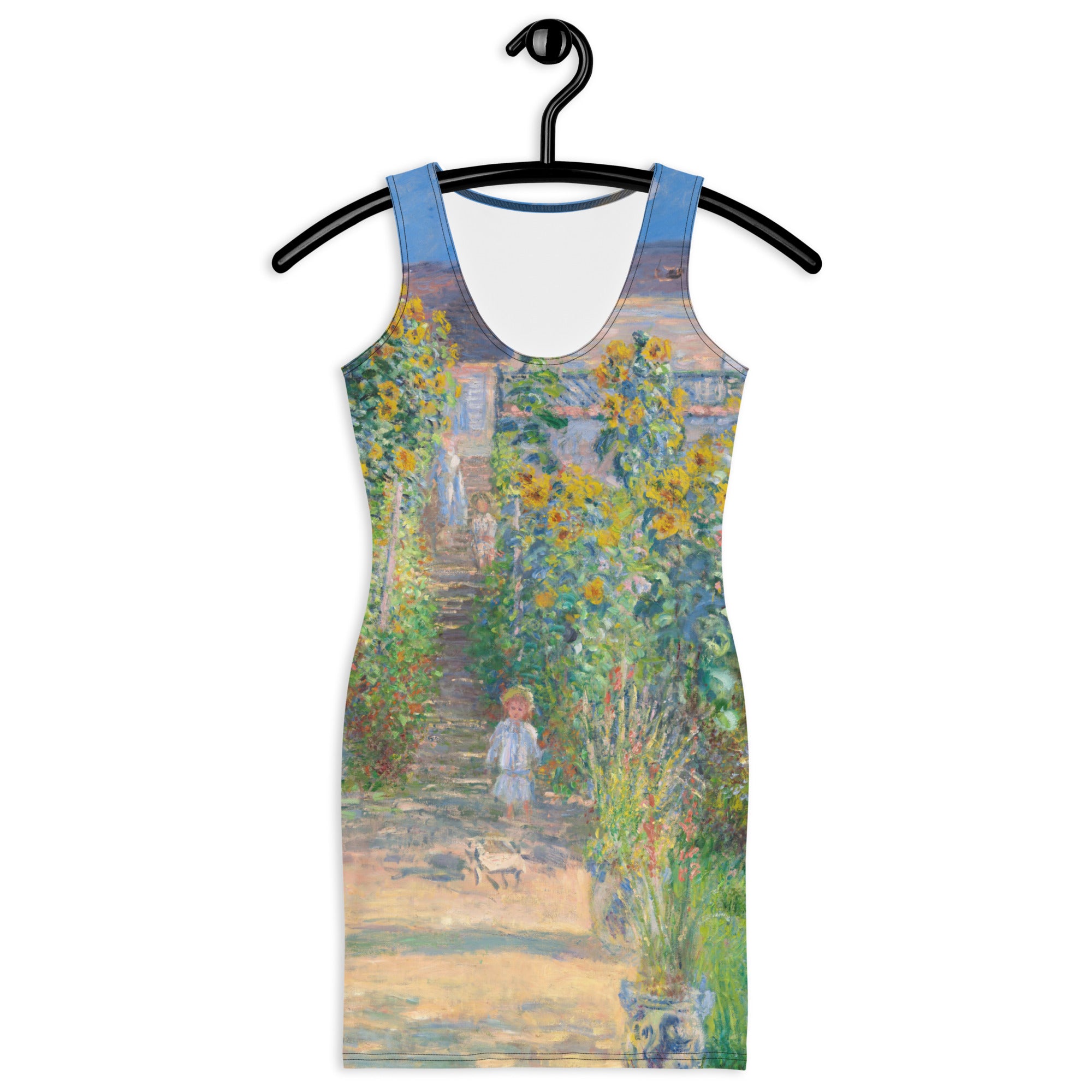 Claude Monet „Der Garten des Künstlers in Vétheuil“, berühmtes Gemälde, figurbetontes Kleid | Hochwertiges Kunstkleid