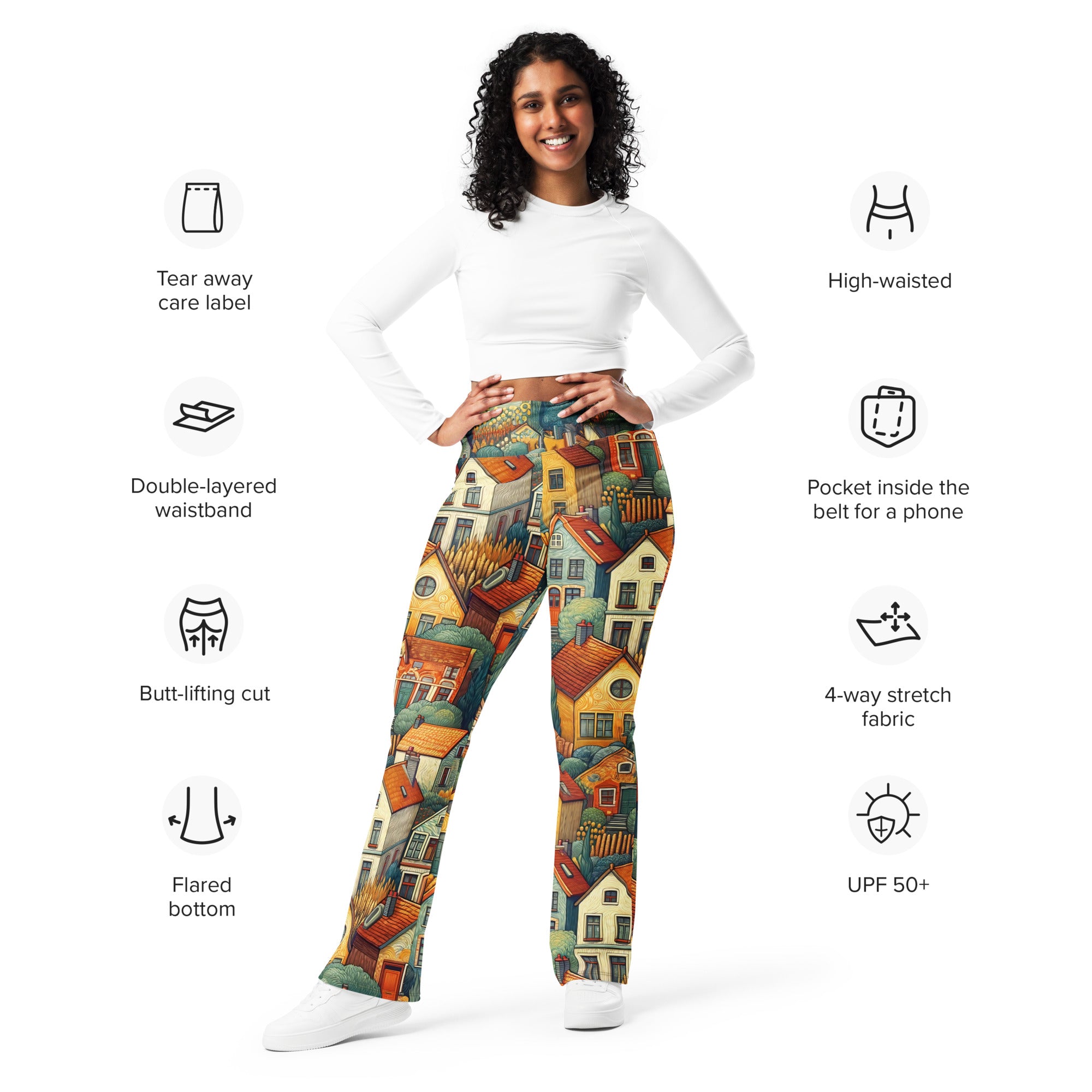 Vincent van Gogh 'Houses at Auvers' Famous Painting Flare Leggings | Premium Art Flare Leggings