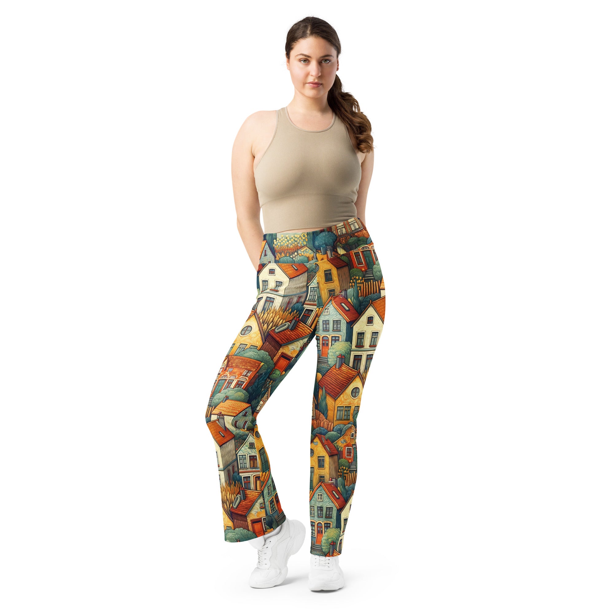 Vincent van Gogh 'Houses at Auvers' Famous Painting Flare Leggings | Premium Art Flare Leggings