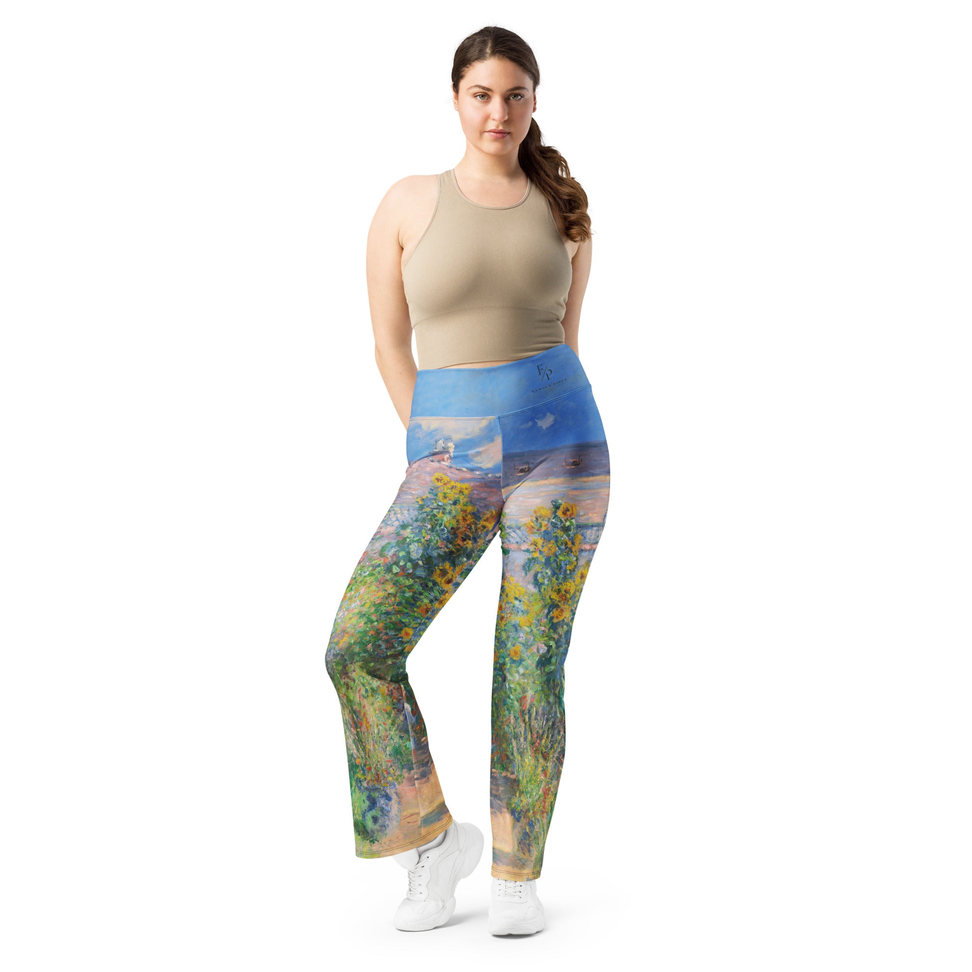 Claude Monet 'The Artist's Garden at Vétheuil' Famous Painting Flare Leggings | Premium Art Flare Leggings