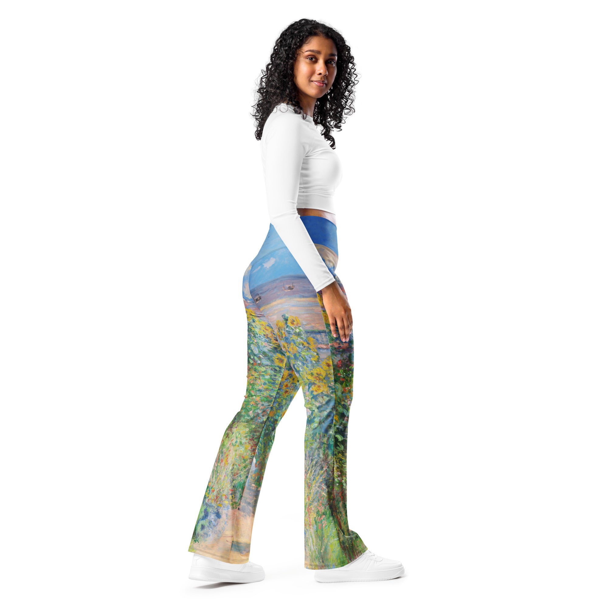 Claude Monet 'The Artist's Garden at Vétheuil' Famous Painting Flare Leggings | Premium Art Flare Leggings