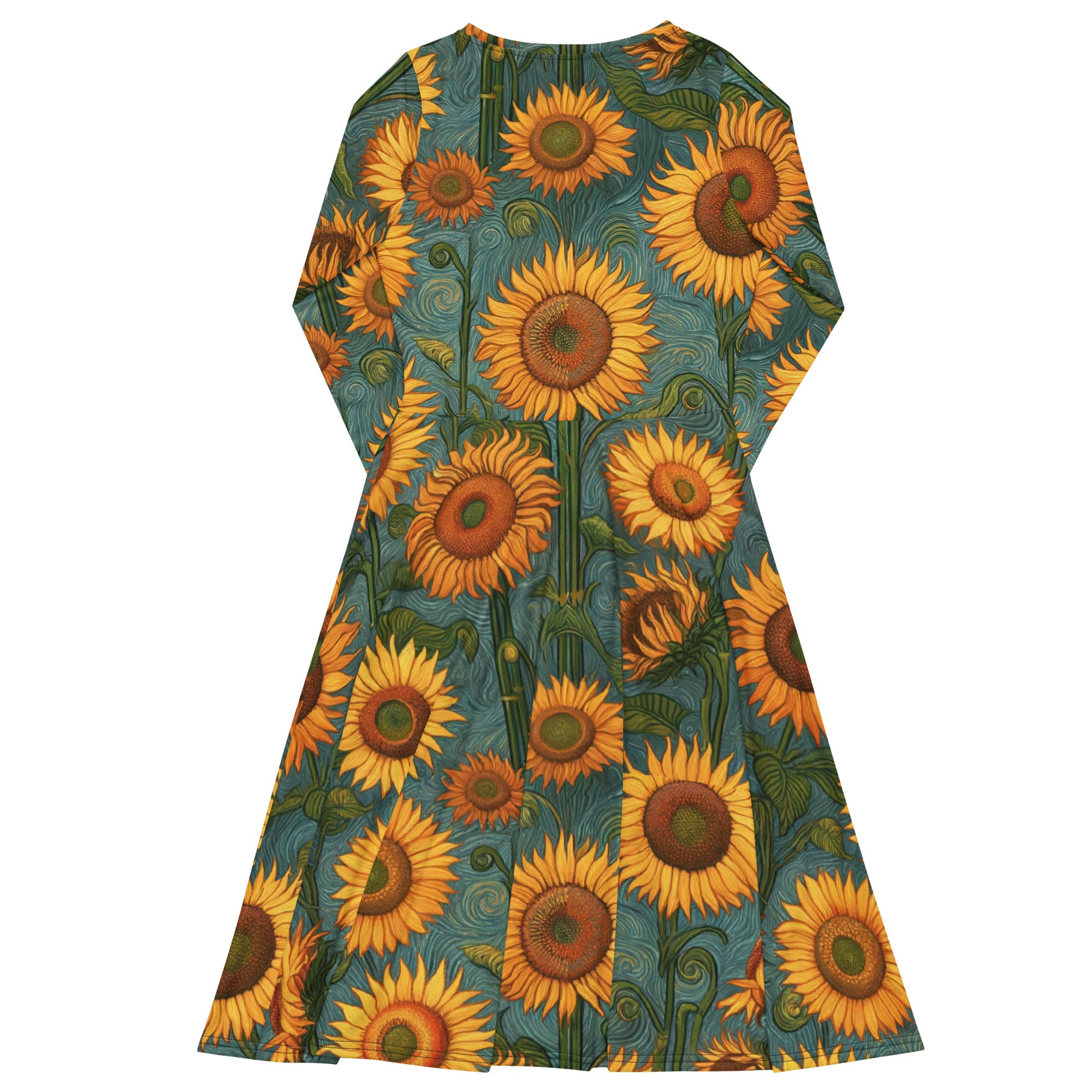 Langärmliges Midikleid „Sonnenblumen“ von Vincent van Gogh, berühmtes Gemälde | Premium-Kunst-Midikleid