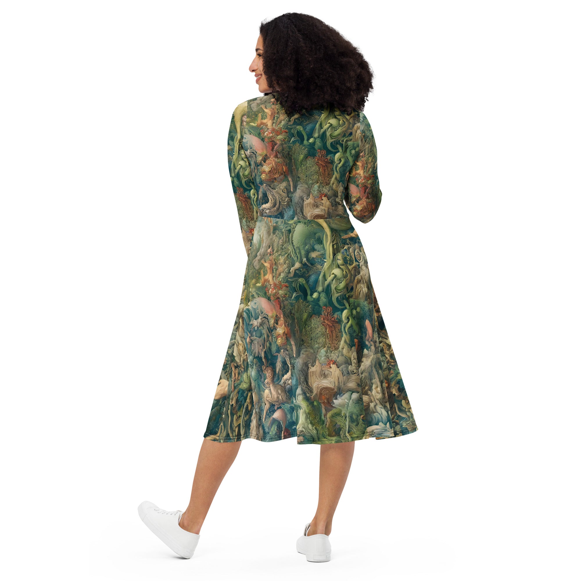 Hieronymus Bosch 'The Garden of Earthly Delights' Famous Painting Long Sleeve Midi Dress | Premium Art Midi Dress