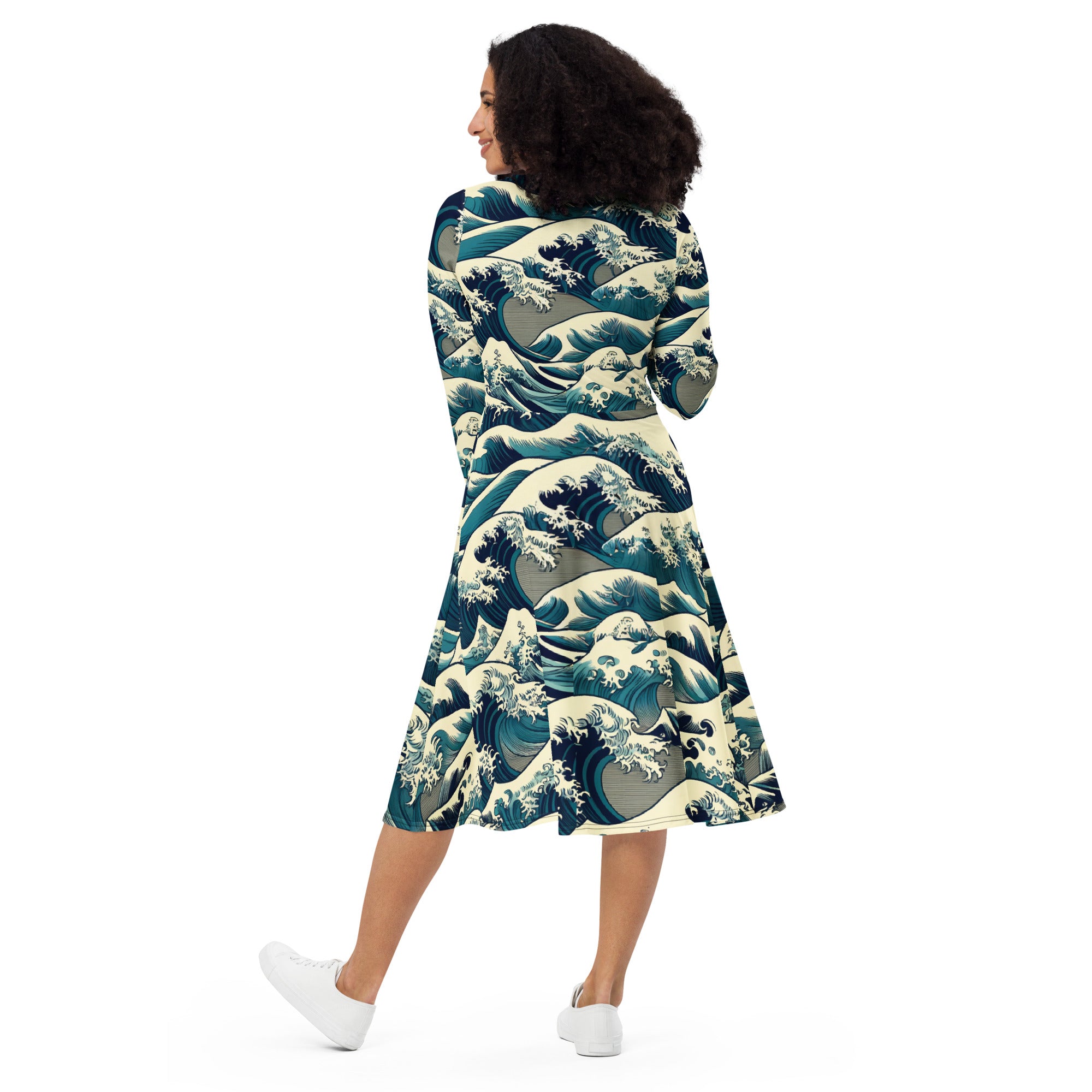 Hokusai 'The Great Wave off Kanagawa' Famous Painting Long Sleeve Midi Dress | Premium Art Midi Dress