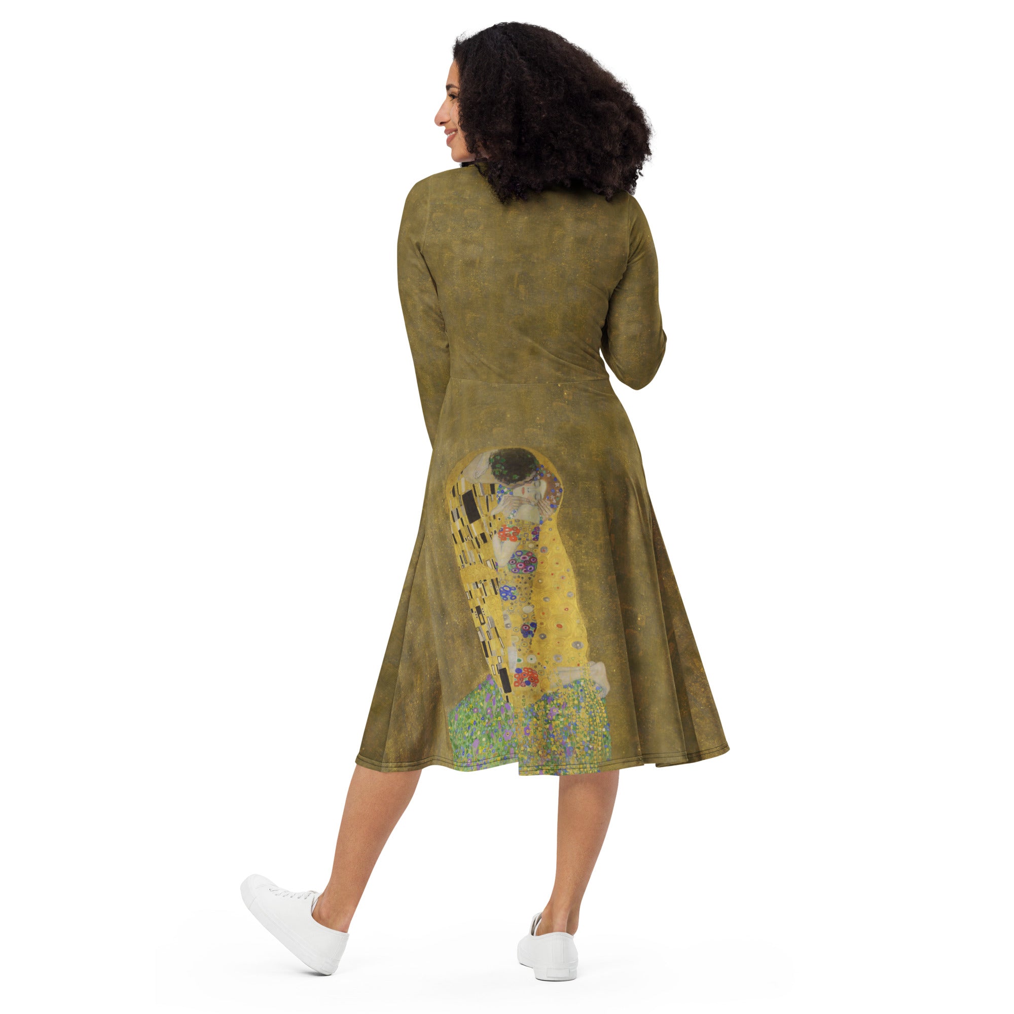 Gustav Klimt 'The Kiss' Famous Painting Long Sleeve Midi Dress | Premium Art Midi Dress