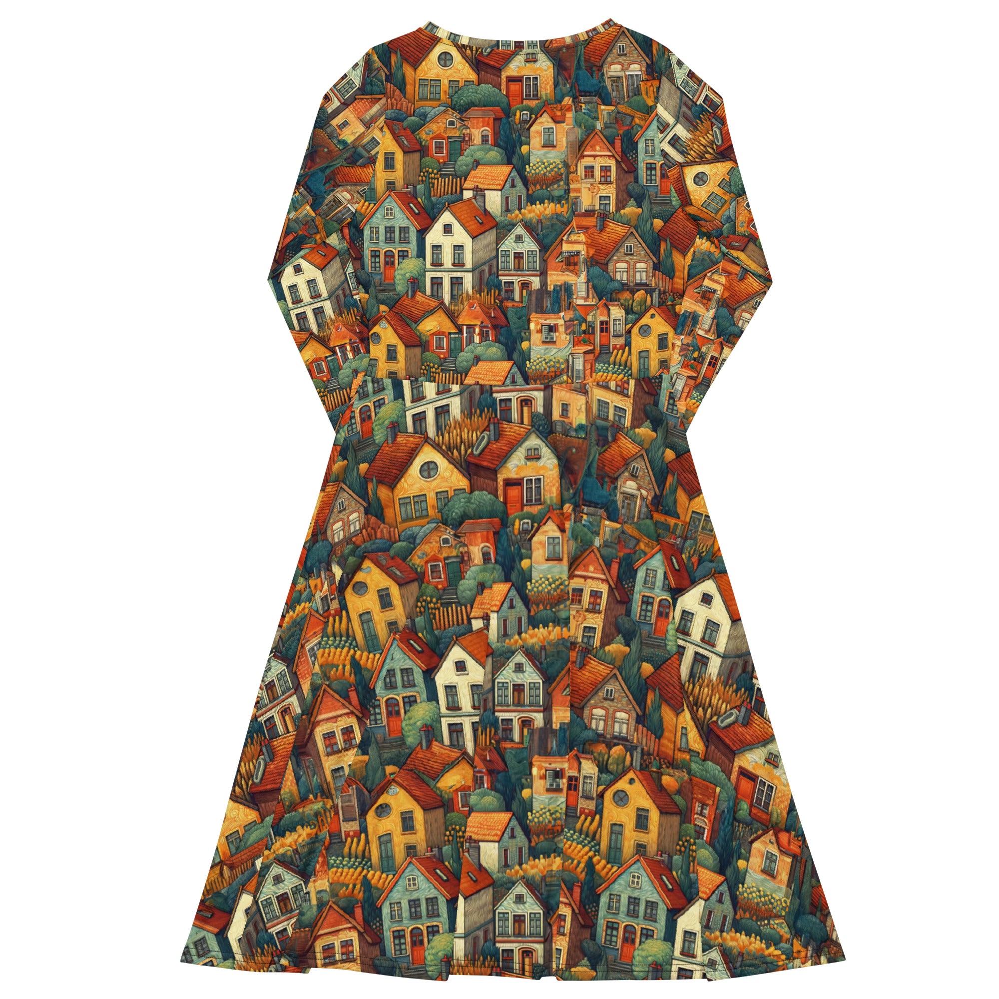 Vincent van Gogh 'Houses at Auvers' Famous Painting Long Sleeve Midi Dress | Premium Art Midi Dress