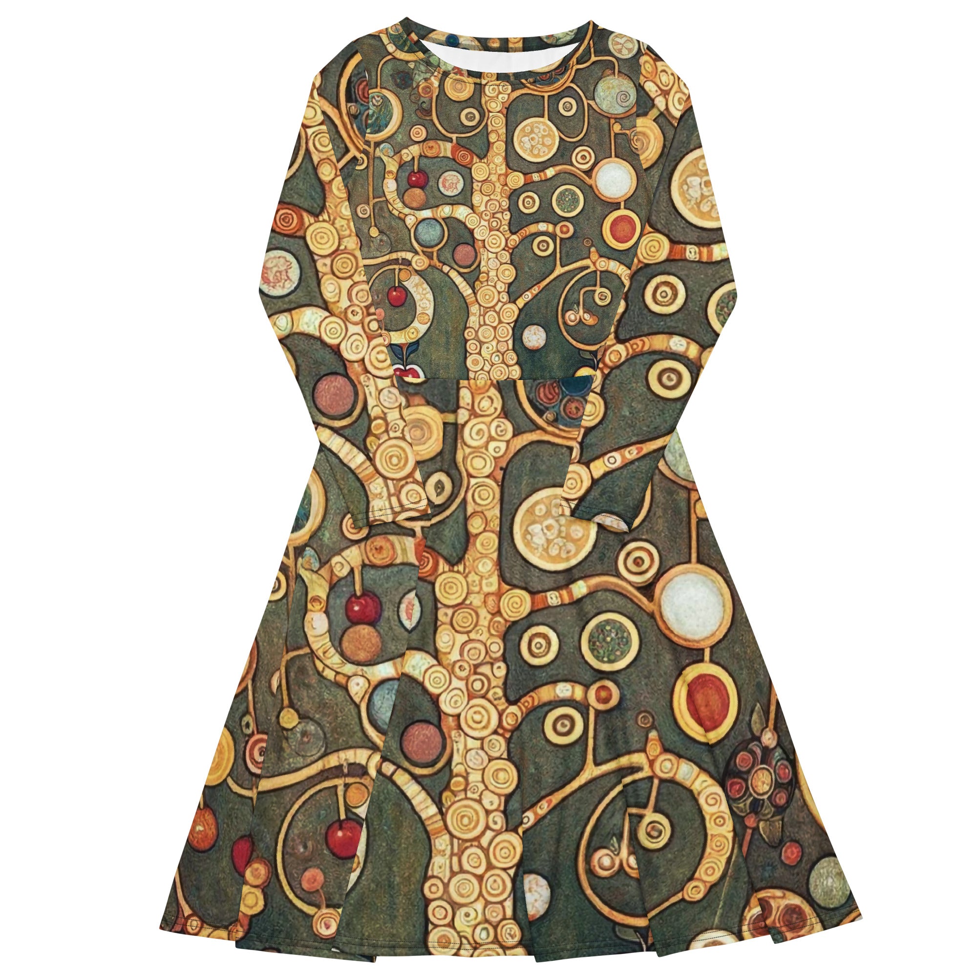 Gustav Klimt 'Apple Tree I' Famous Painting Long Sleeve Midi Dress | Premium Art Midi Dress