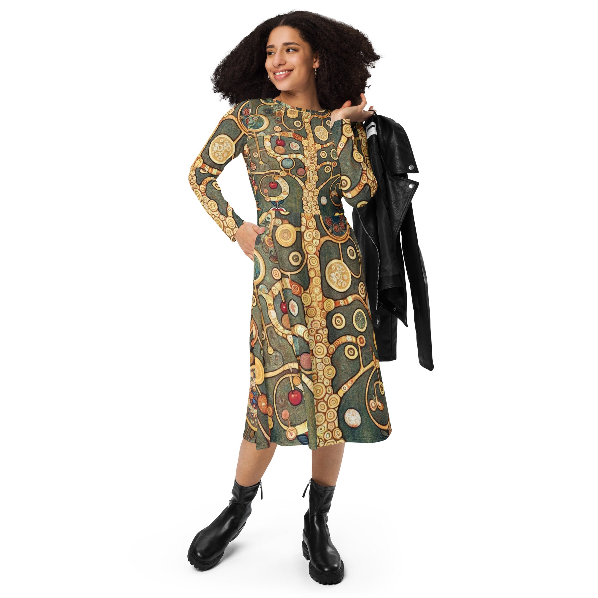 Gustav Klimt 'Apple Tree I' Famous Painting Long Sleeve Midi Dress | Premium Art Midi Dress