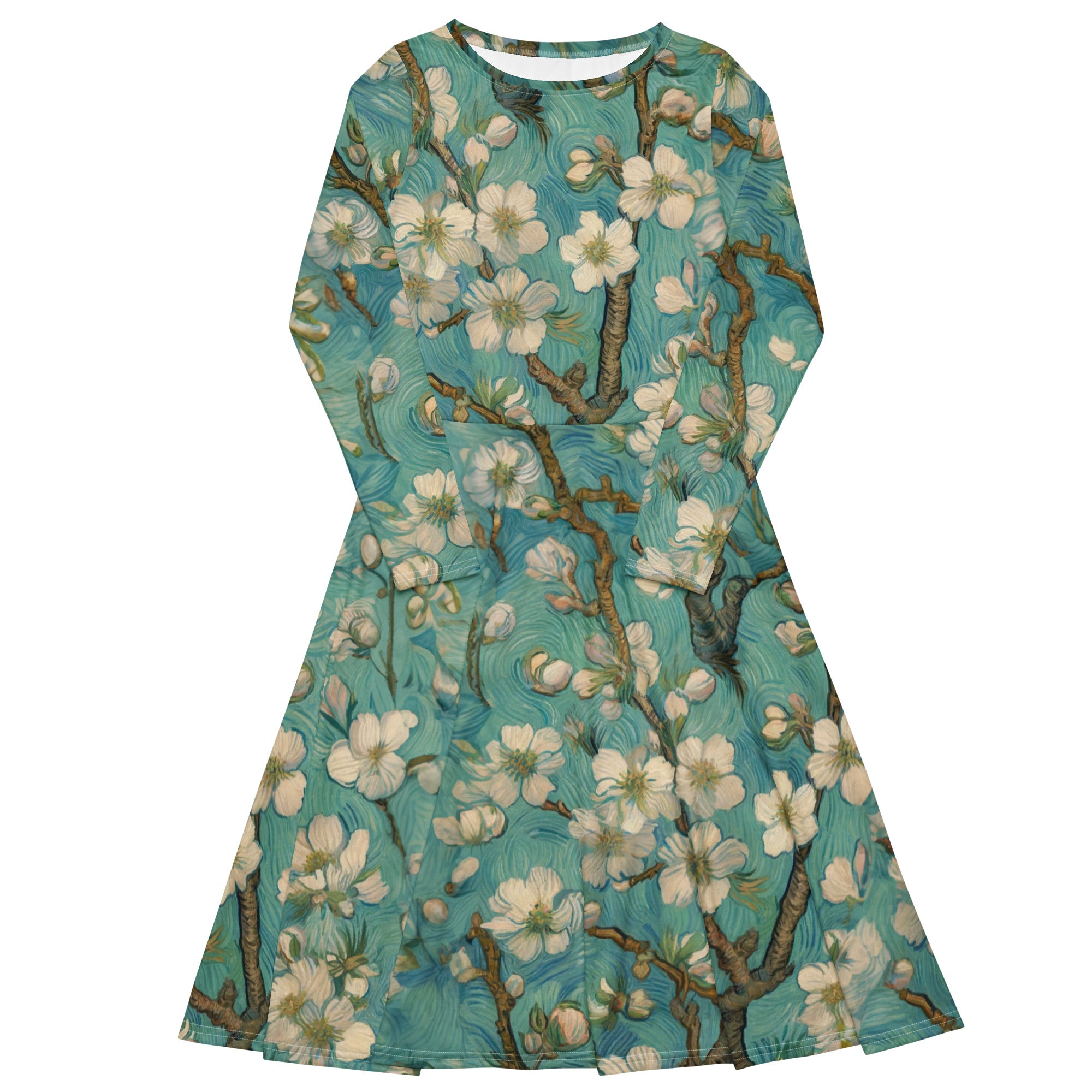 Vincent van Gogh 'Almond Blossom' Famous Painting Long Sleeve Midi Dress | Premium Art Midi Dress