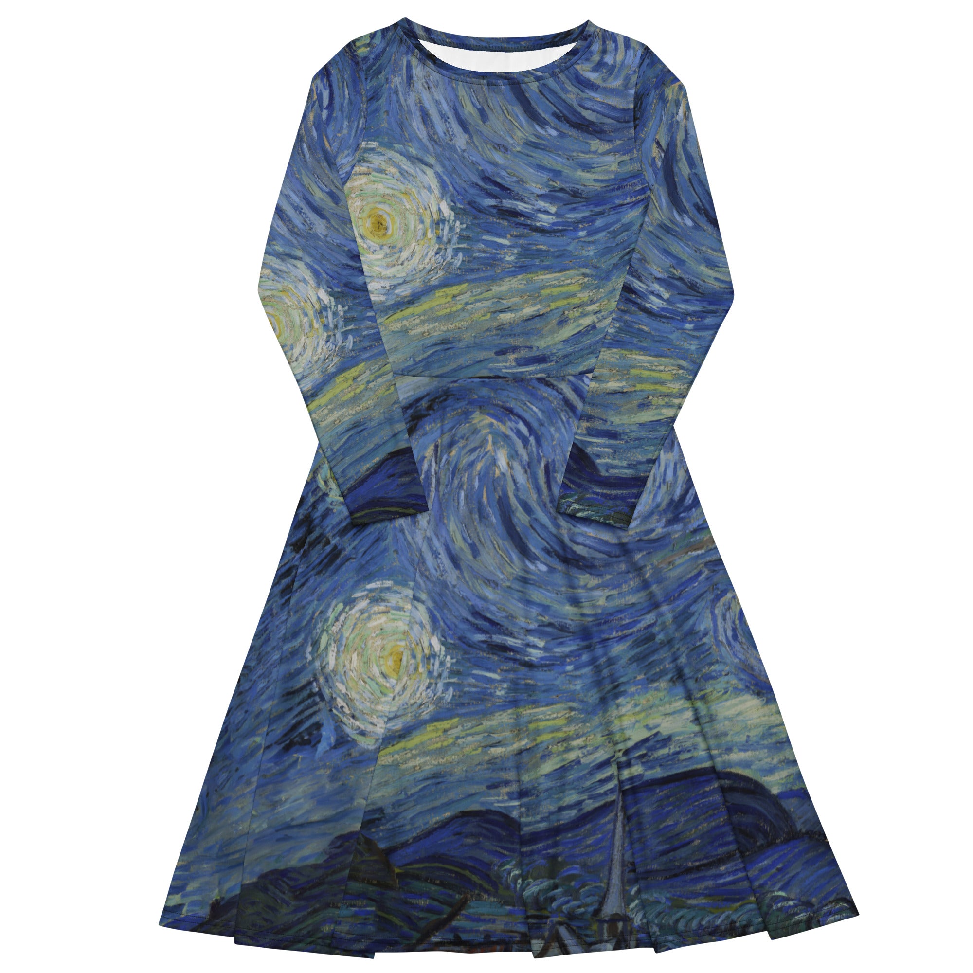 Vincent van Gogh 'Starry Night' Famous Painting Long Sleeve Midi Dress | Premium Art Midi Dress