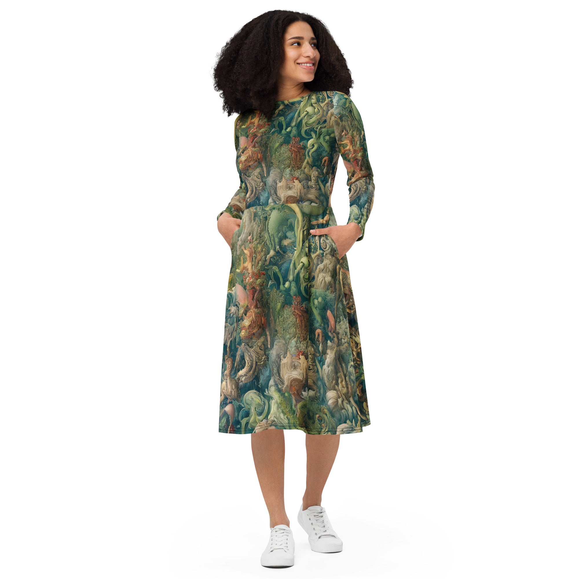 Hieronymus Bosch 'The Garden of Earthly Delights' Famous Painting Long Sleeve Midi Dress | Premium Art Midi Dress