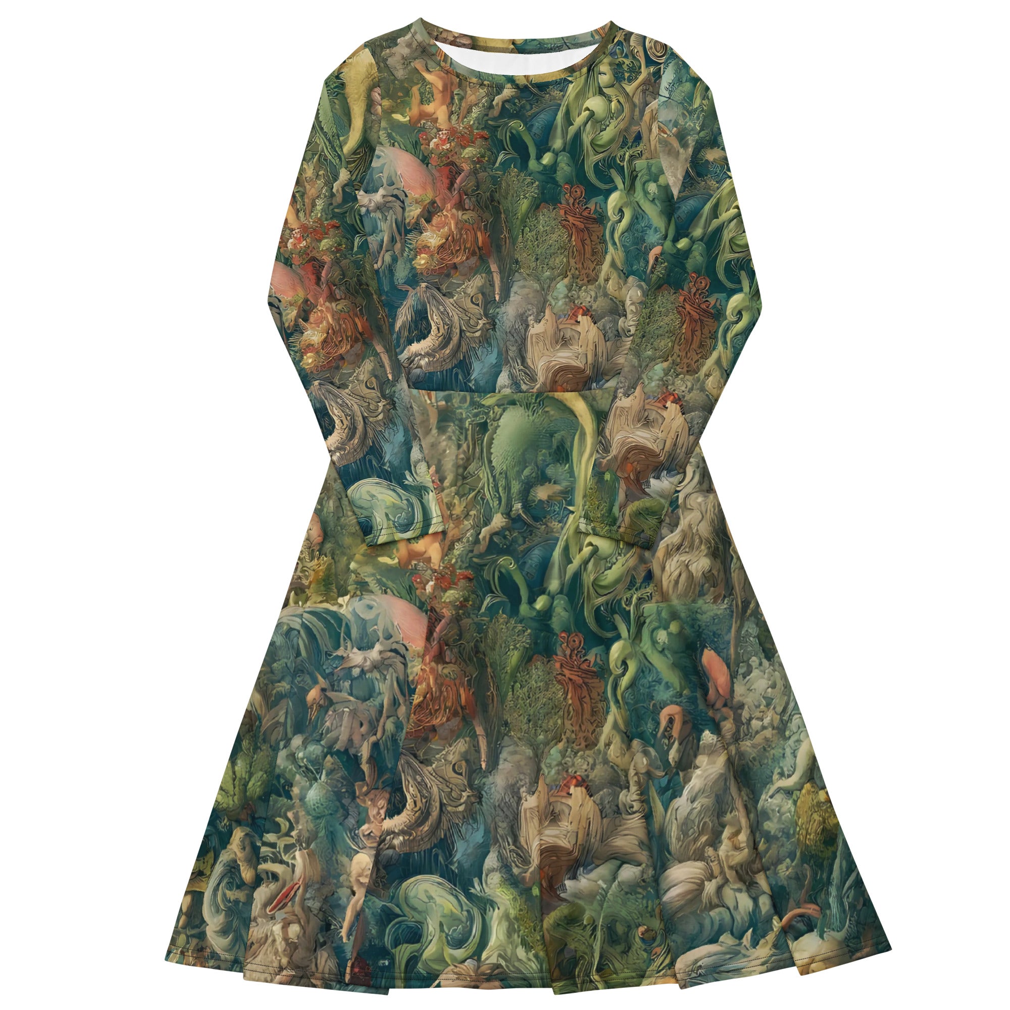 Hieronymus Bosch 'The Garden of Earthly Delights' Famous Painting Long Sleeve Midi Dress | Premium Art Midi Dress