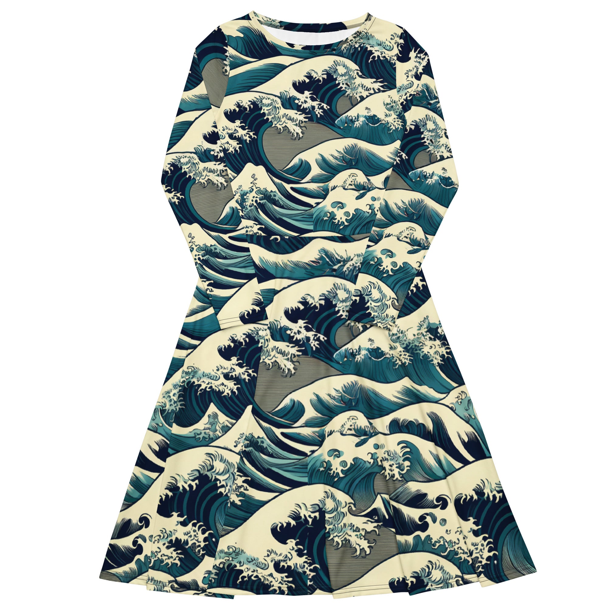 Hokusai 'The Great Wave off Kanagawa' Famous Painting Long Sleeve Midi Dress | Premium Art Midi Dress