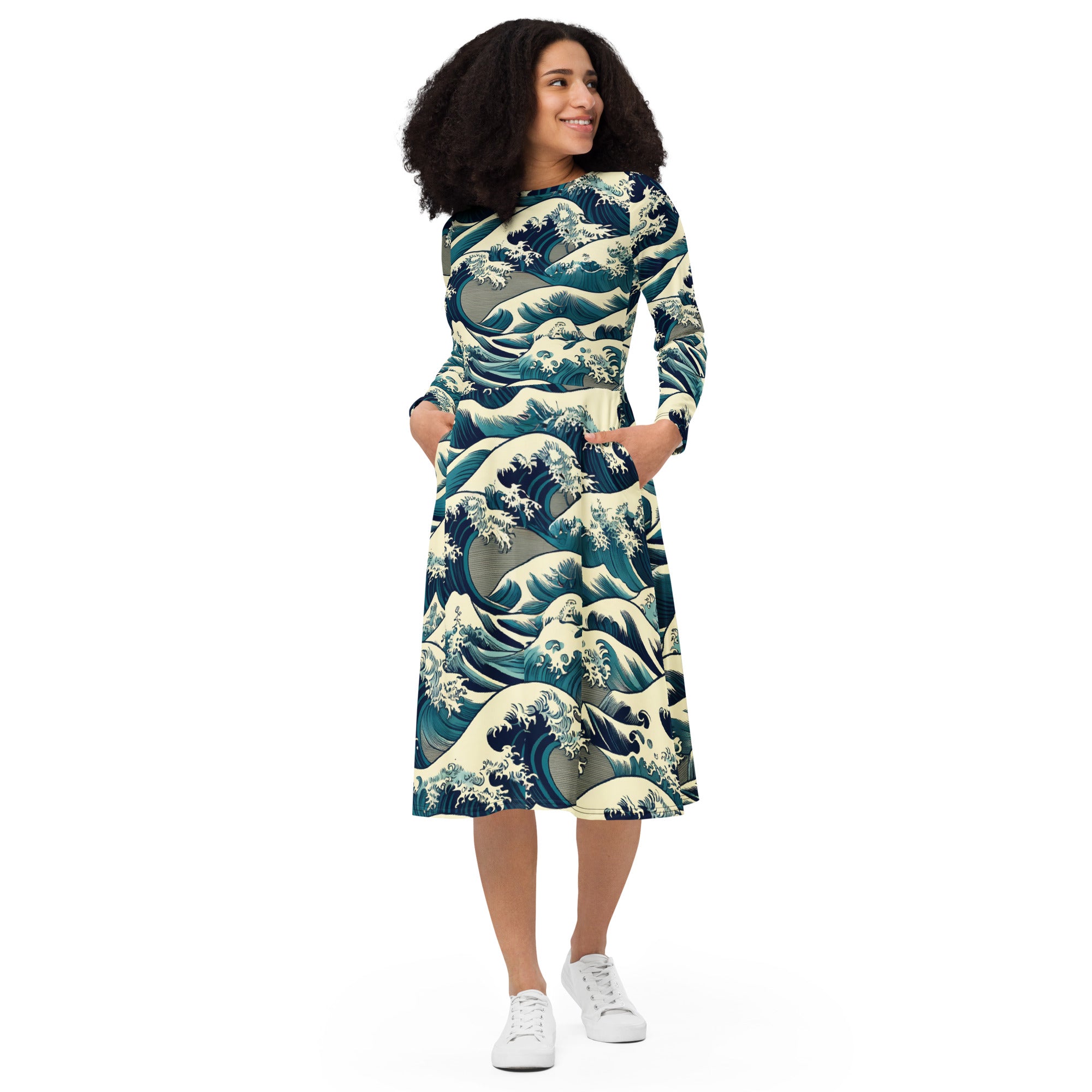 Hokusai 'The Great Wave off Kanagawa' Famous Painting Long Sleeve Midi Dress | Premium Art Midi Dress