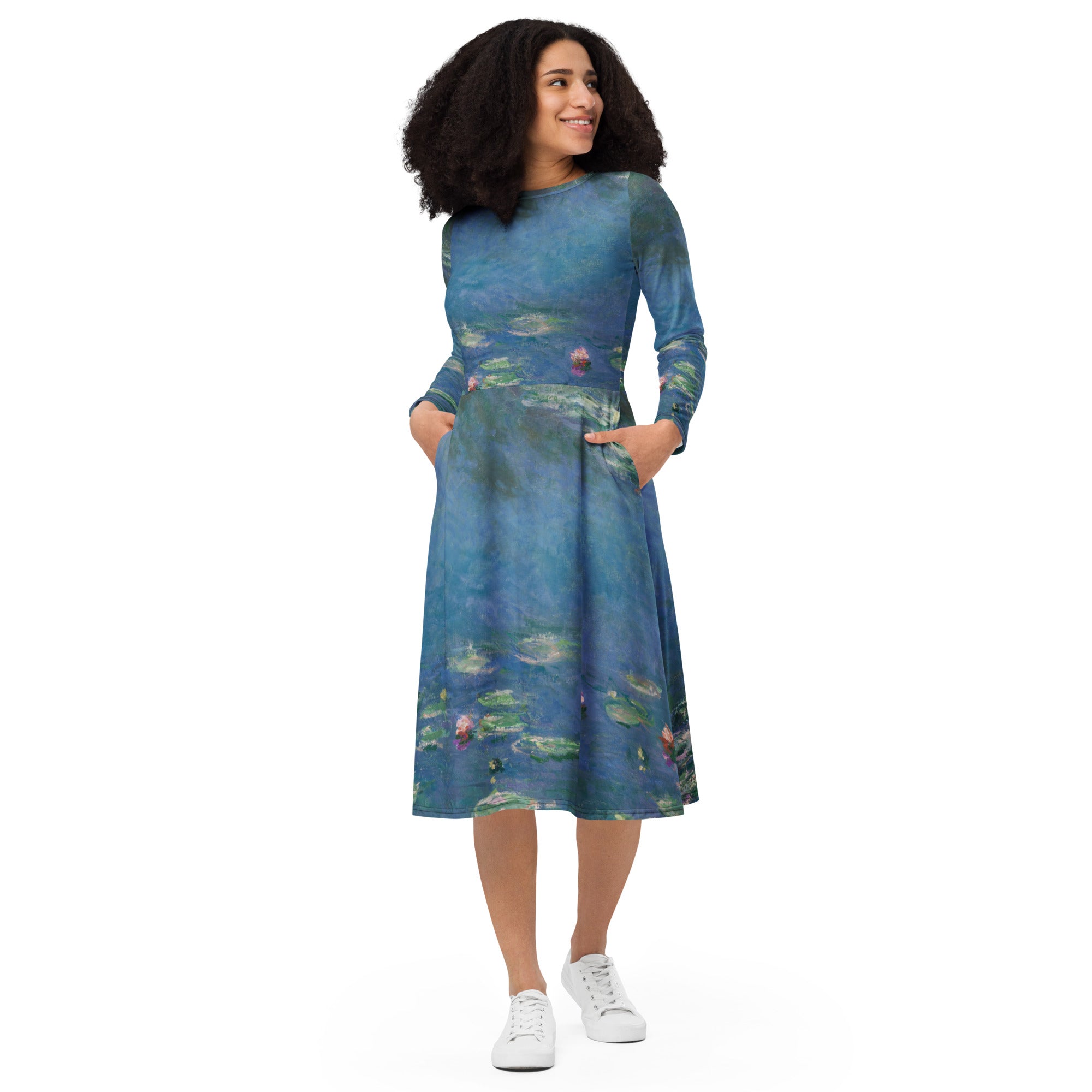 Claude Monet 'Water Lilies' Famous Painting Long Sleeve Midi Dress | Premium Art Midi Dress