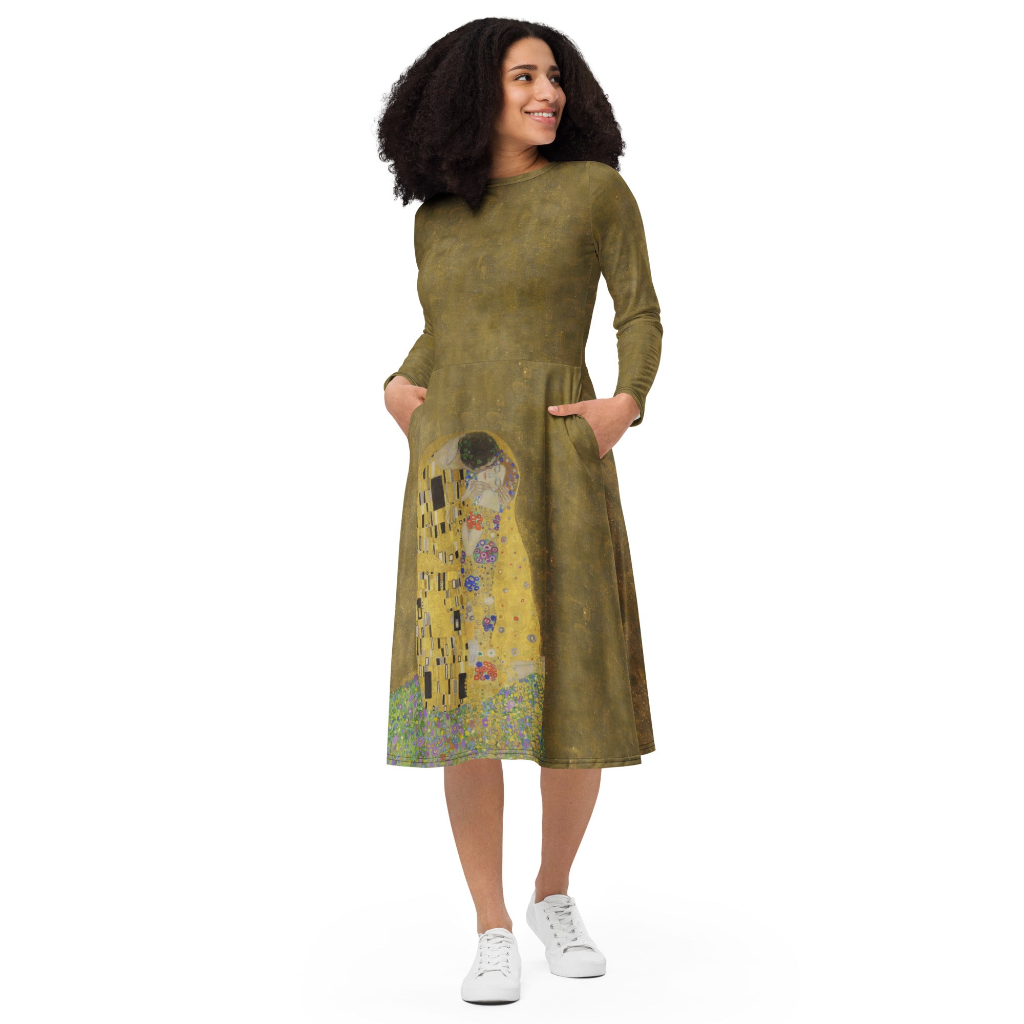 Gustav Klimt 'The Kiss' Famous Painting Long Sleeve Midi Dress | Premium Art Midi Dress