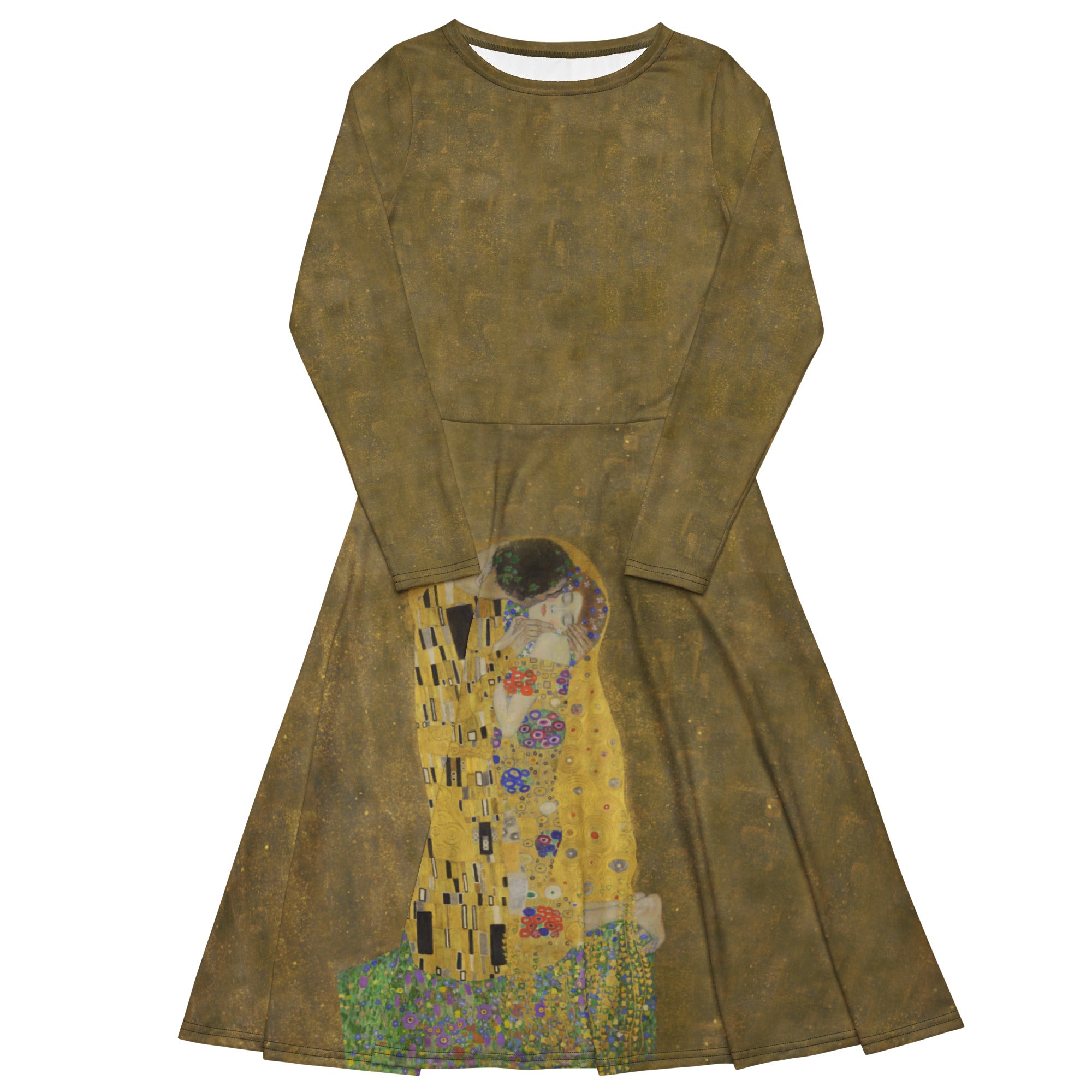 Gustav Klimt 'The Kiss' Famous Painting Long Sleeve Midi Dress | Premium Art Midi Dress
