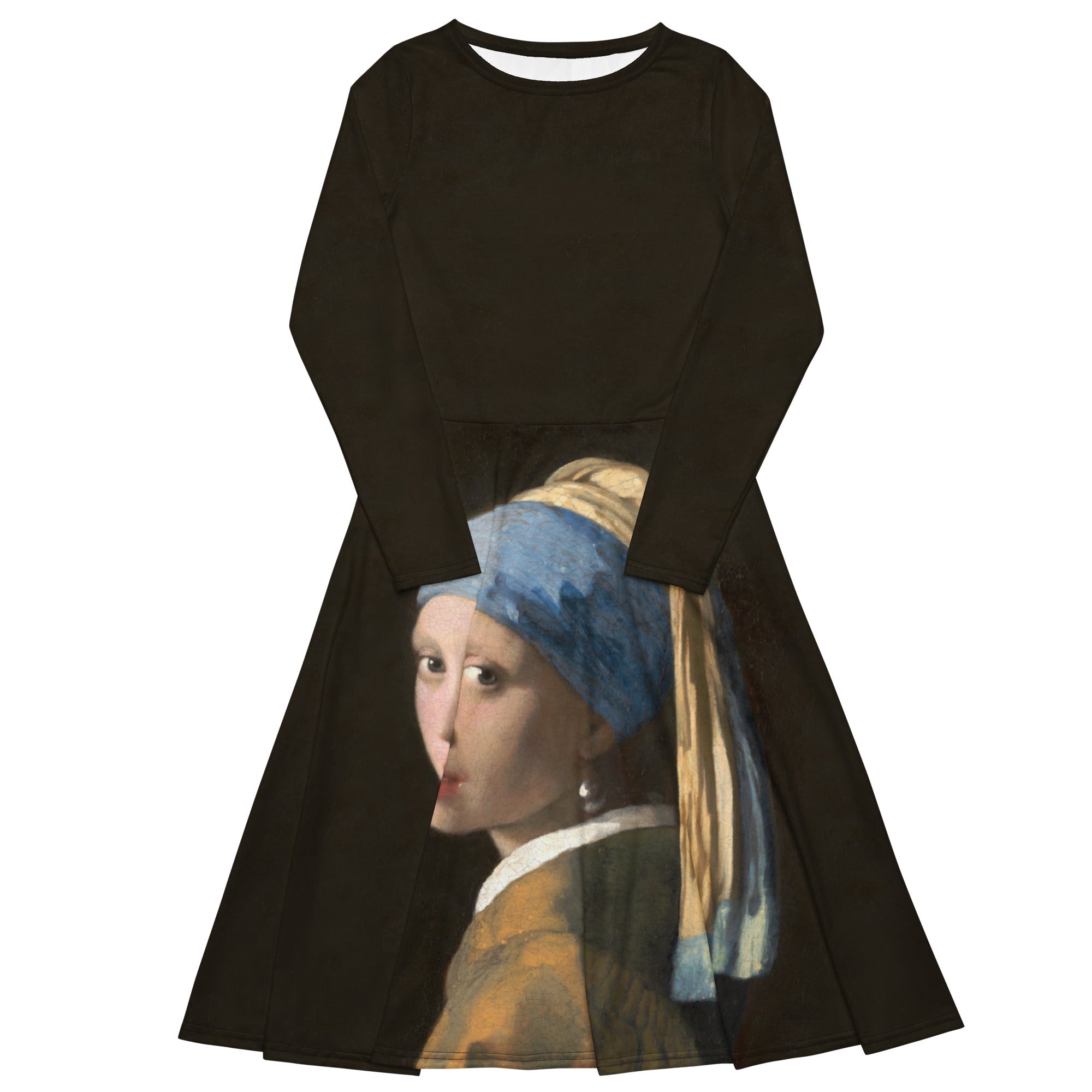 Johannes Vermeer 'Girl with a Pearl Earring' Famous Painting Long Sleeve Midi Dress | Premium Art Midi Dress