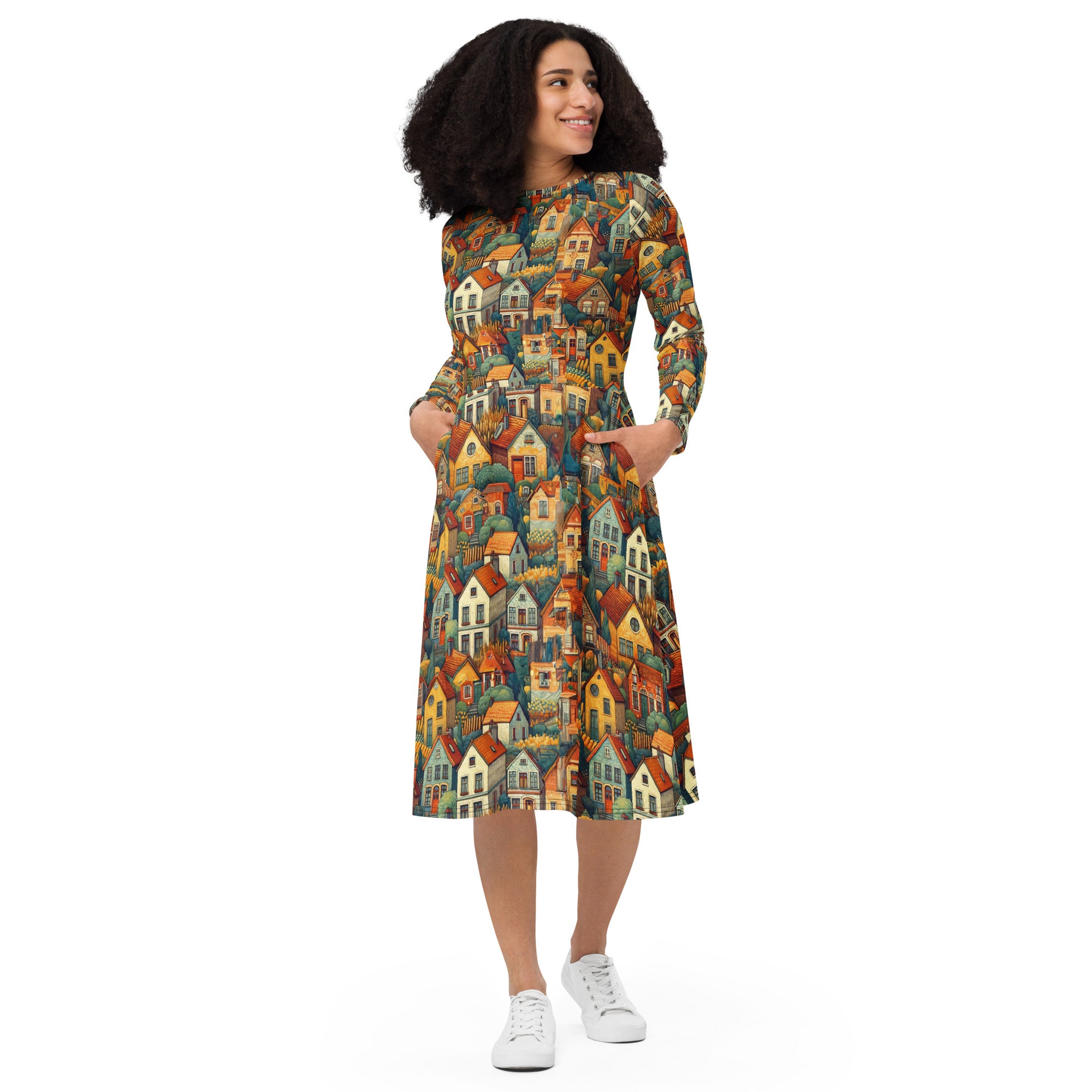 Vincent van Gogh 'Houses at Auvers' Famous Painting Long Sleeve Midi Dress | Premium Art Midi Dress