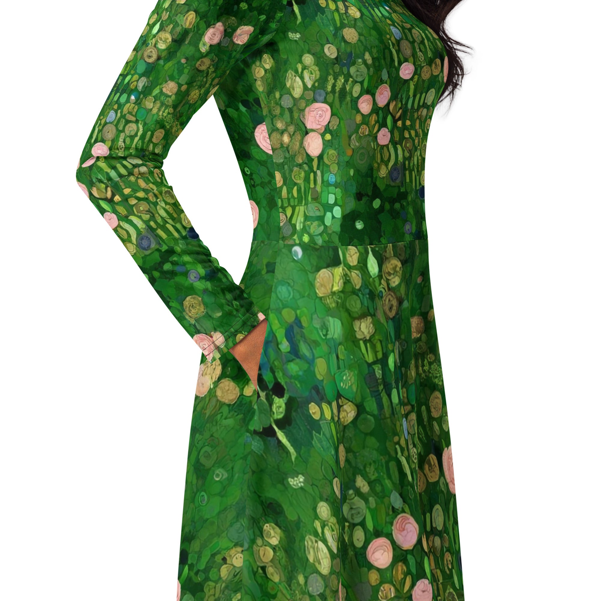 Gustav Klimt 'Rosebushes under the Trees' Famous Painting Long Sleeve Midi Dress | Premium Art Midi Dress