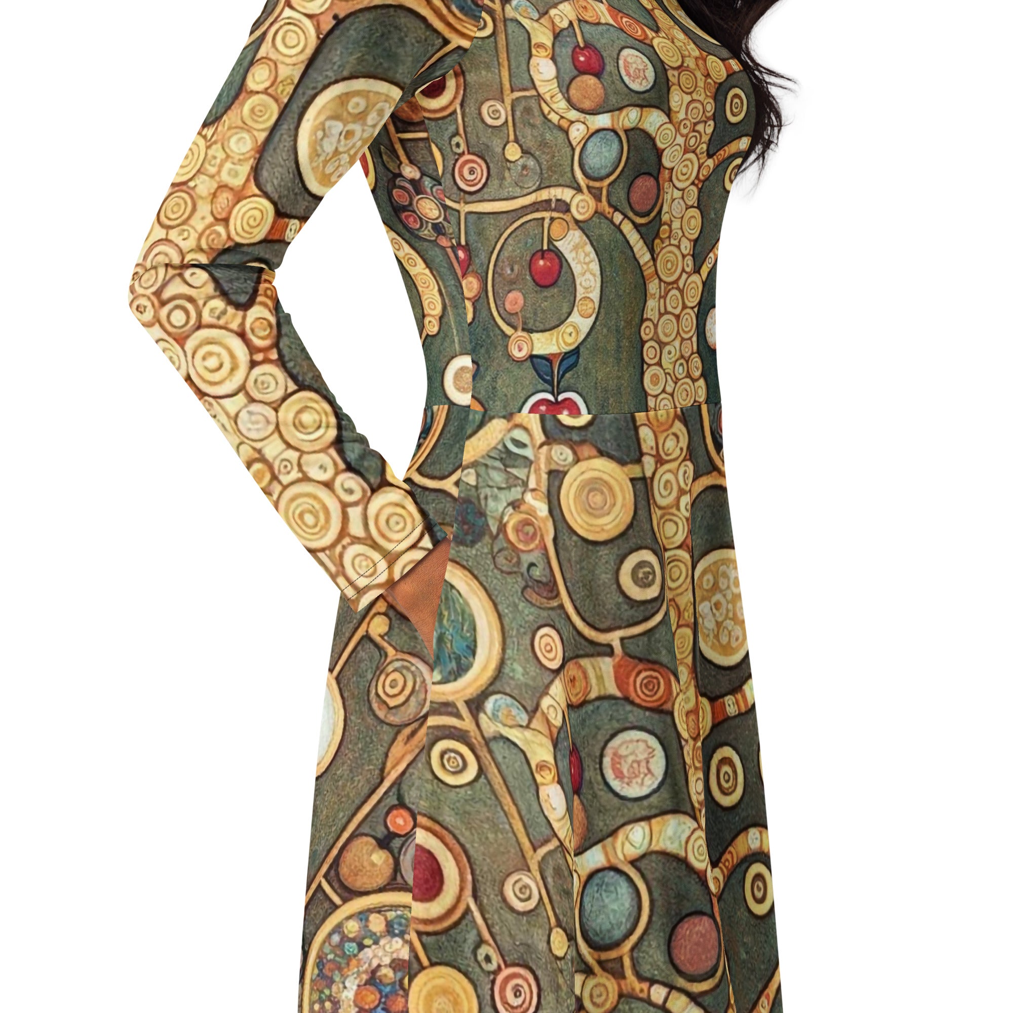 Gustav Klimt 'Apple Tree I' Famous Painting Long Sleeve Midi Dress | Premium Art Midi Dress