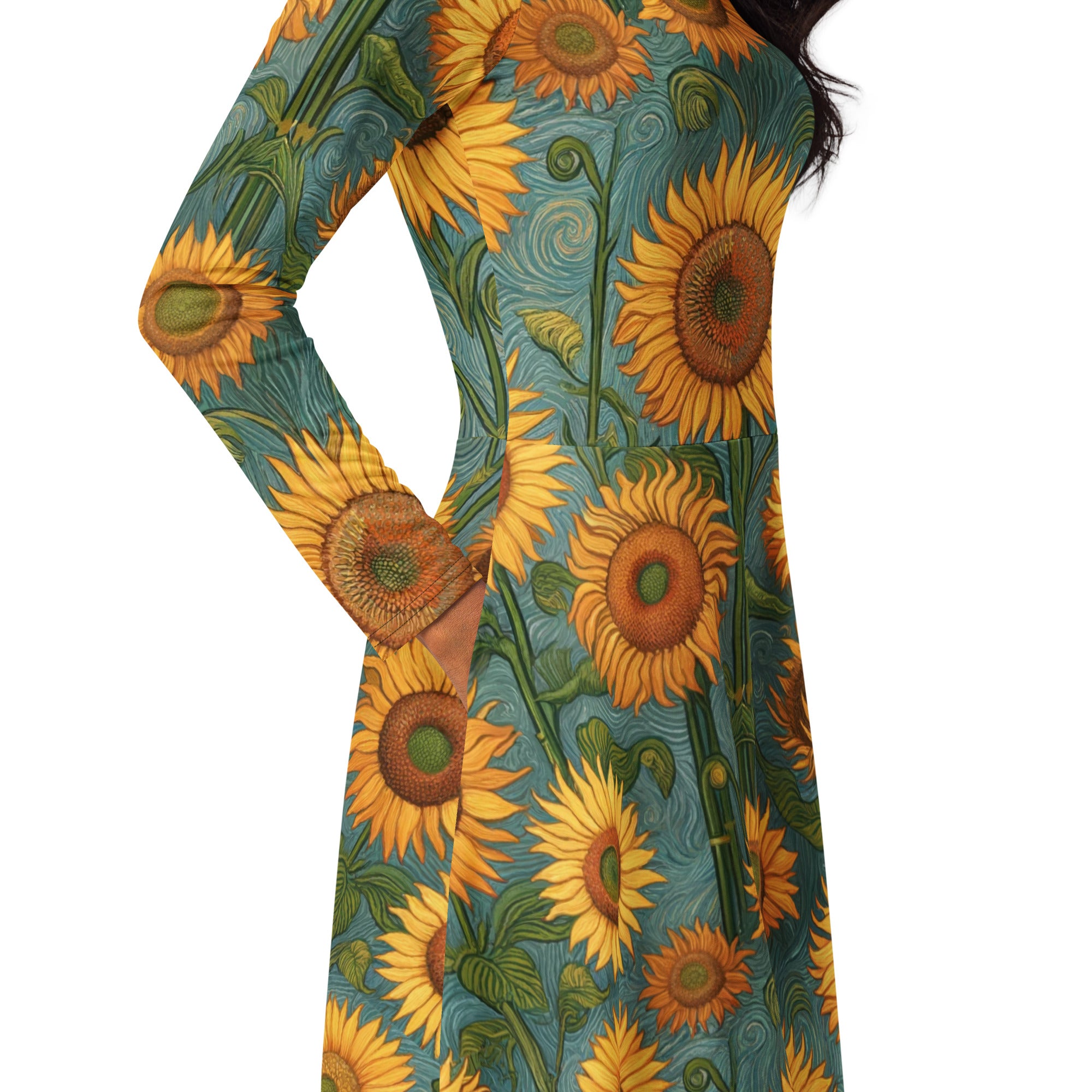 Vincent van Gogh 'Sunflowers' Famous Painting Long Sleeve Midi Dress | Premium Art Midi Dress