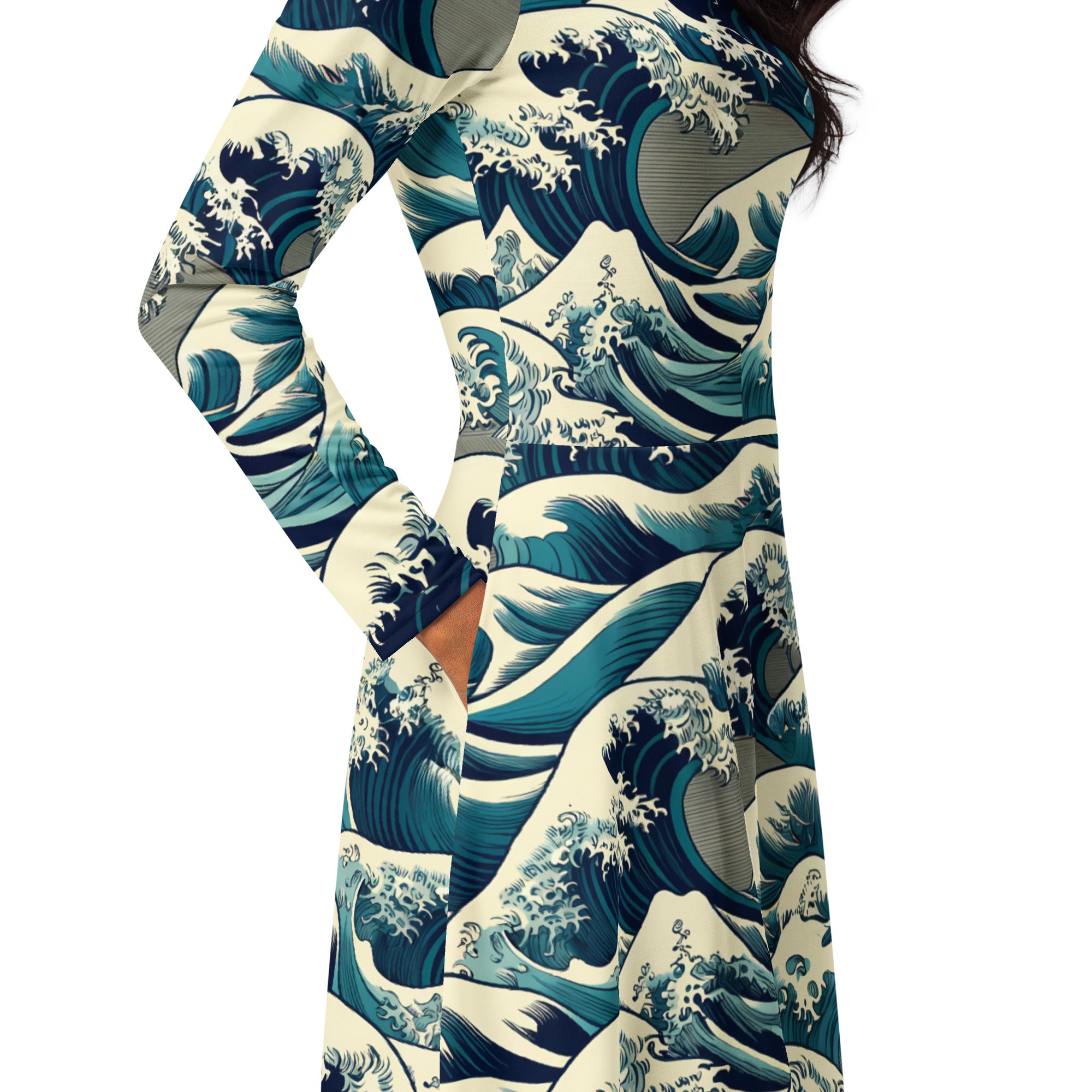 Hokusai 'The Great Wave off Kanagawa' Famous Painting Long Sleeve Midi Dress | Premium Art Midi Dress