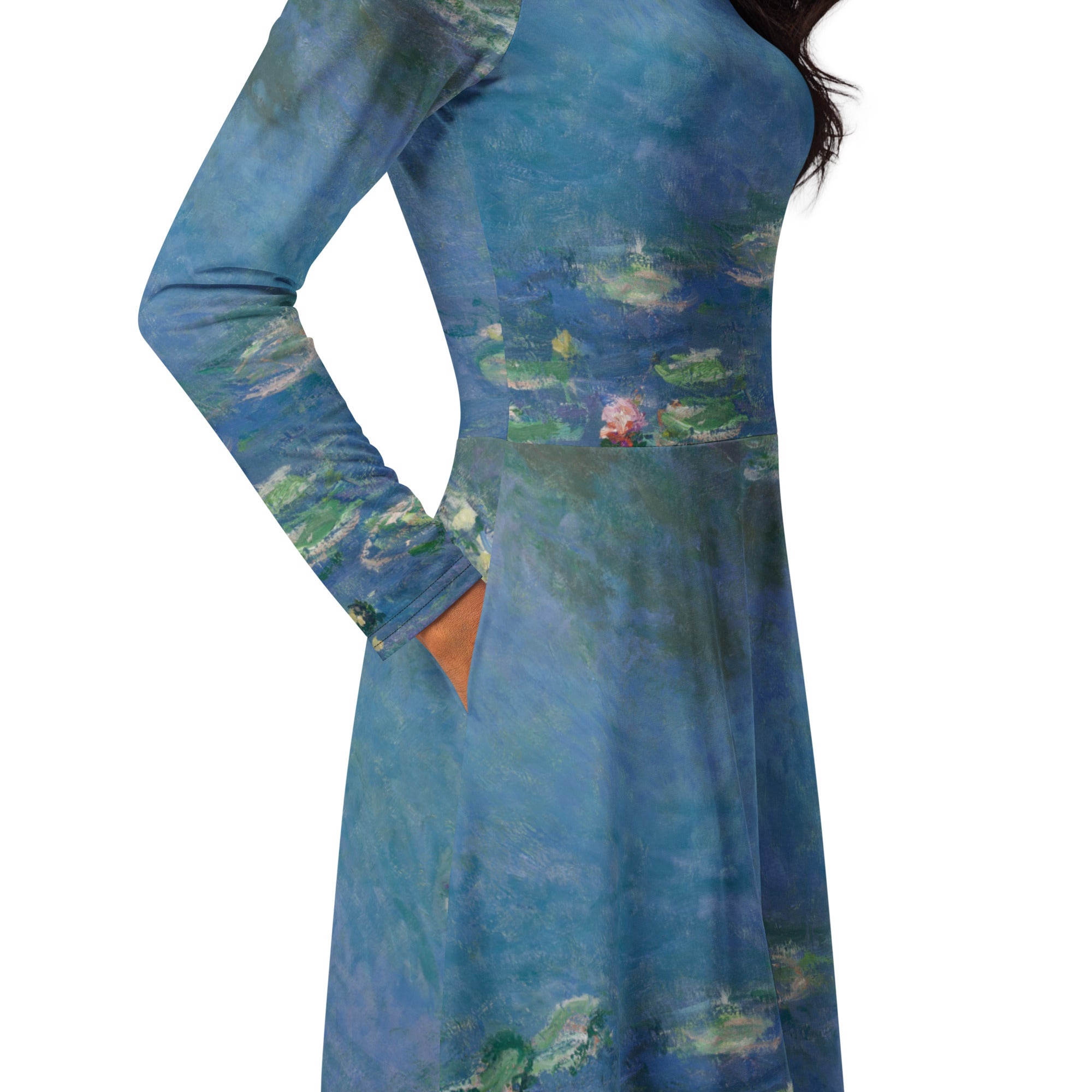Claude Monet 'Water Lilies' Famous Painting Long Sleeve Midi Dress | Premium Art Midi Dress